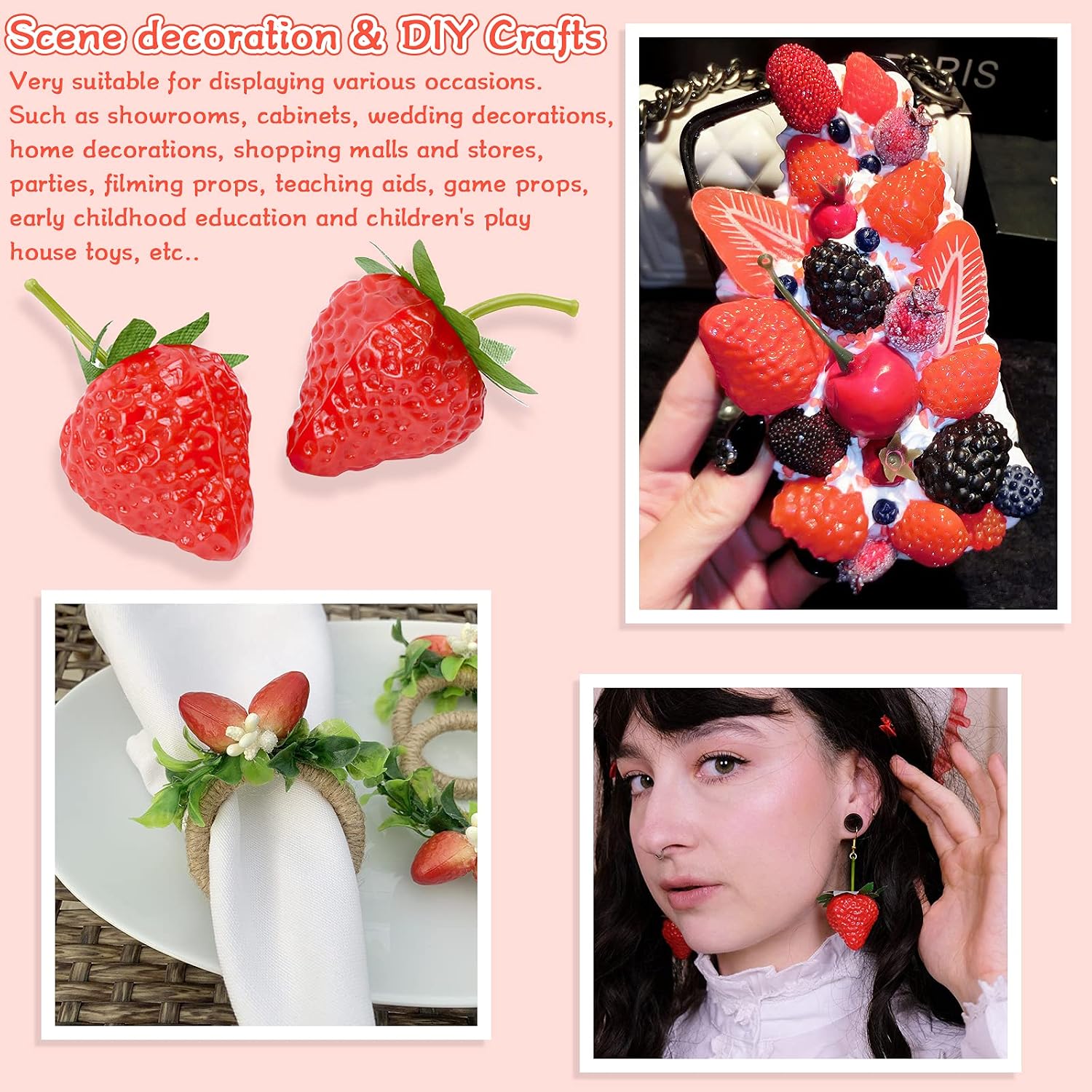 24 Pieces Simulation Strawberries Slices Plastic Artificial Fake Strawberries , Simulation Fake Strawberry Realistic Plastic Fruit Lifelike Strawberries Decor Fake Fruit for Strawberry Decor