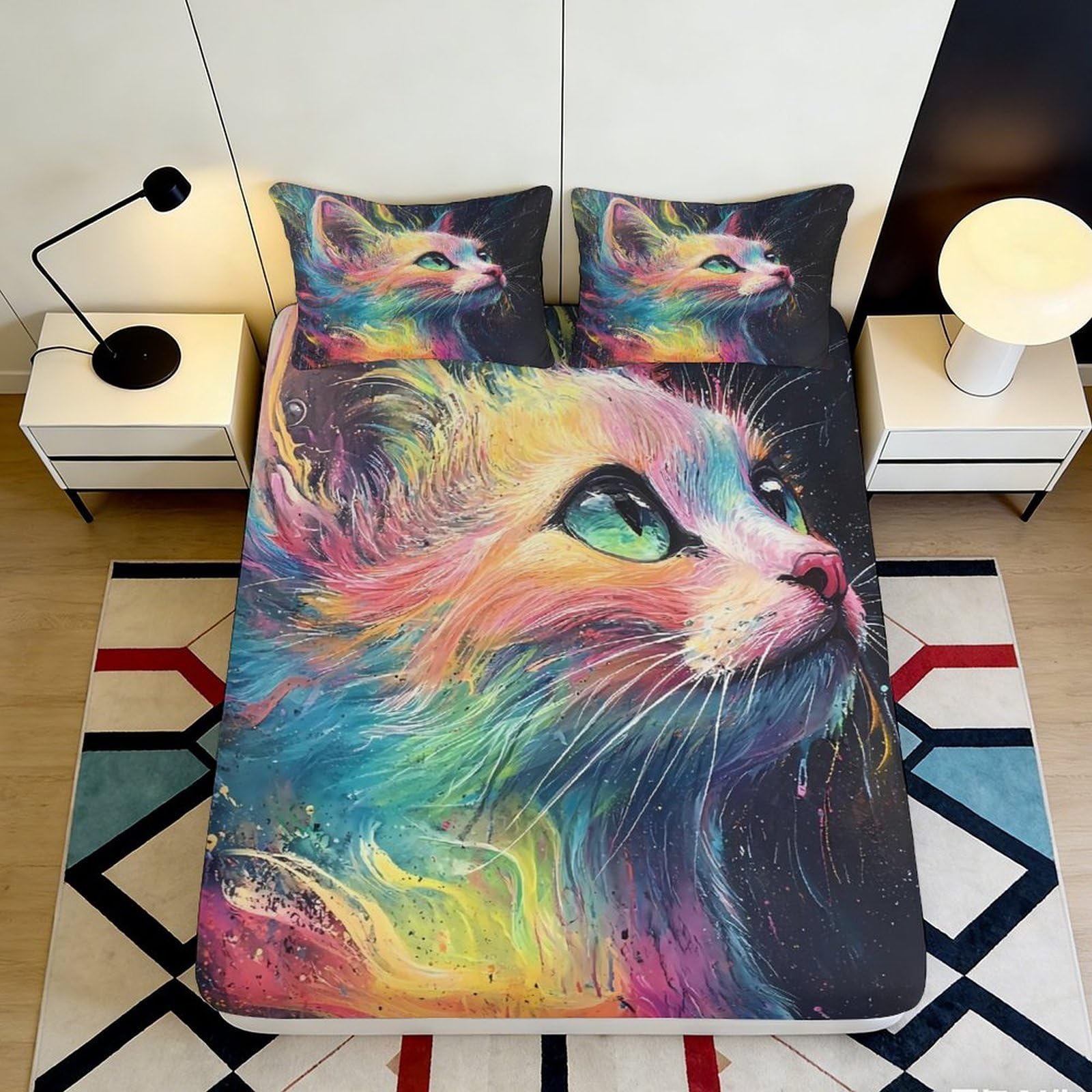 3D Printed Colorful Cat Fitted Sheet Microfiber Soft Bedroom Decor Artistic Rainbow Cat Mattress Cover 90x200x25cm