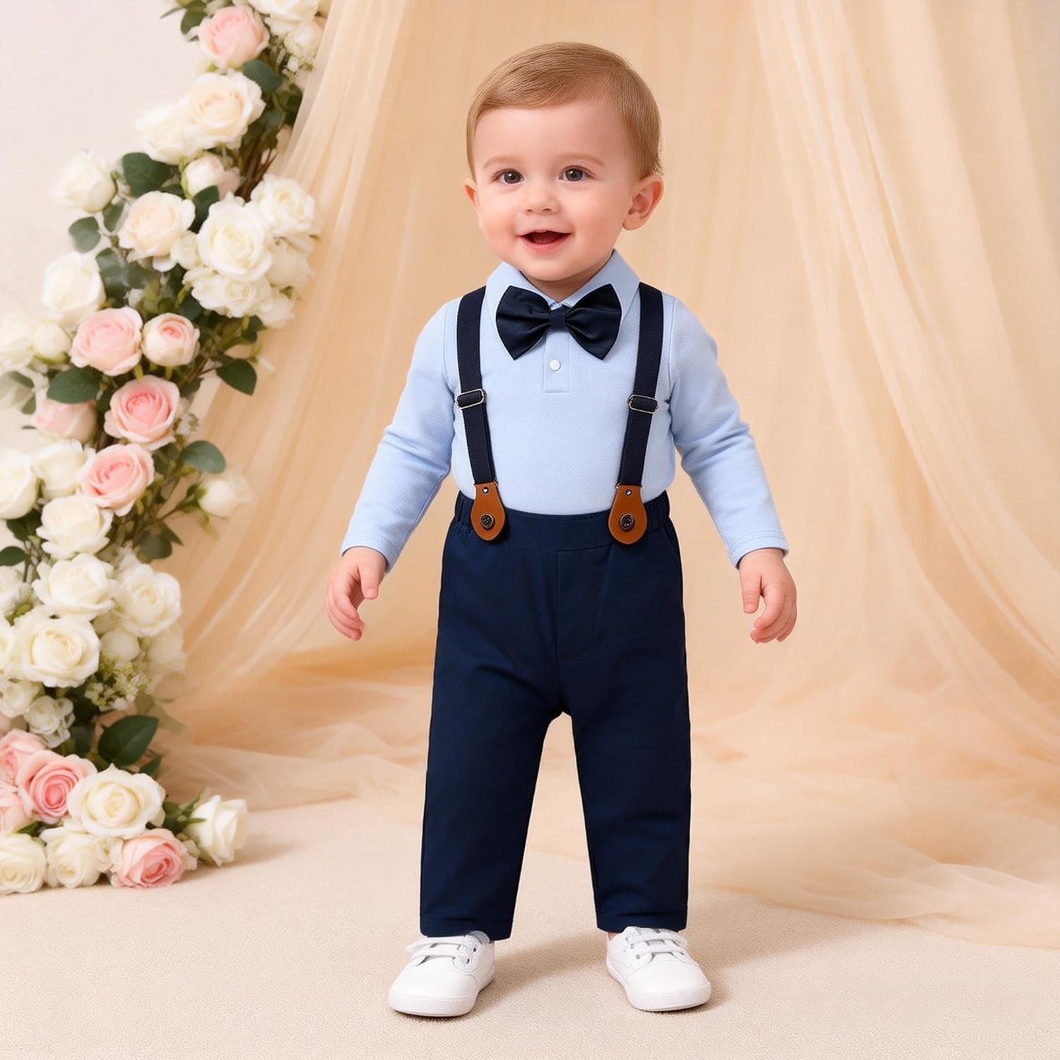 Baby Boy Clothes Suit Newborn Infant Gentleman Wedding Outfits Formal Dress Shirt+Bowtie+Suspender Pants 0-18M