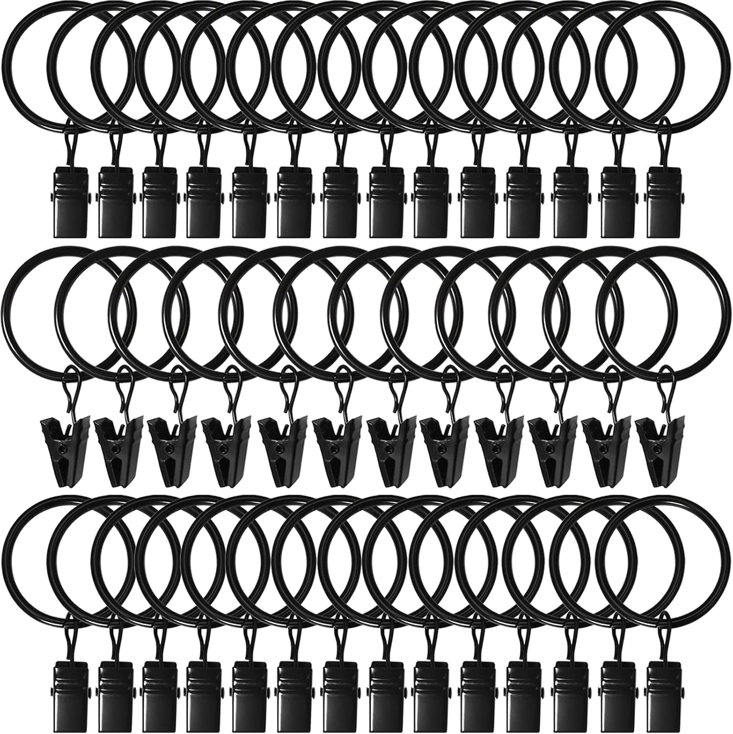 Curtain Rings with Clips, Includes Curtain Rings, Curtain Clips Fits Up to 1 in Curtain Rod (100, Black, 1.26 inch)