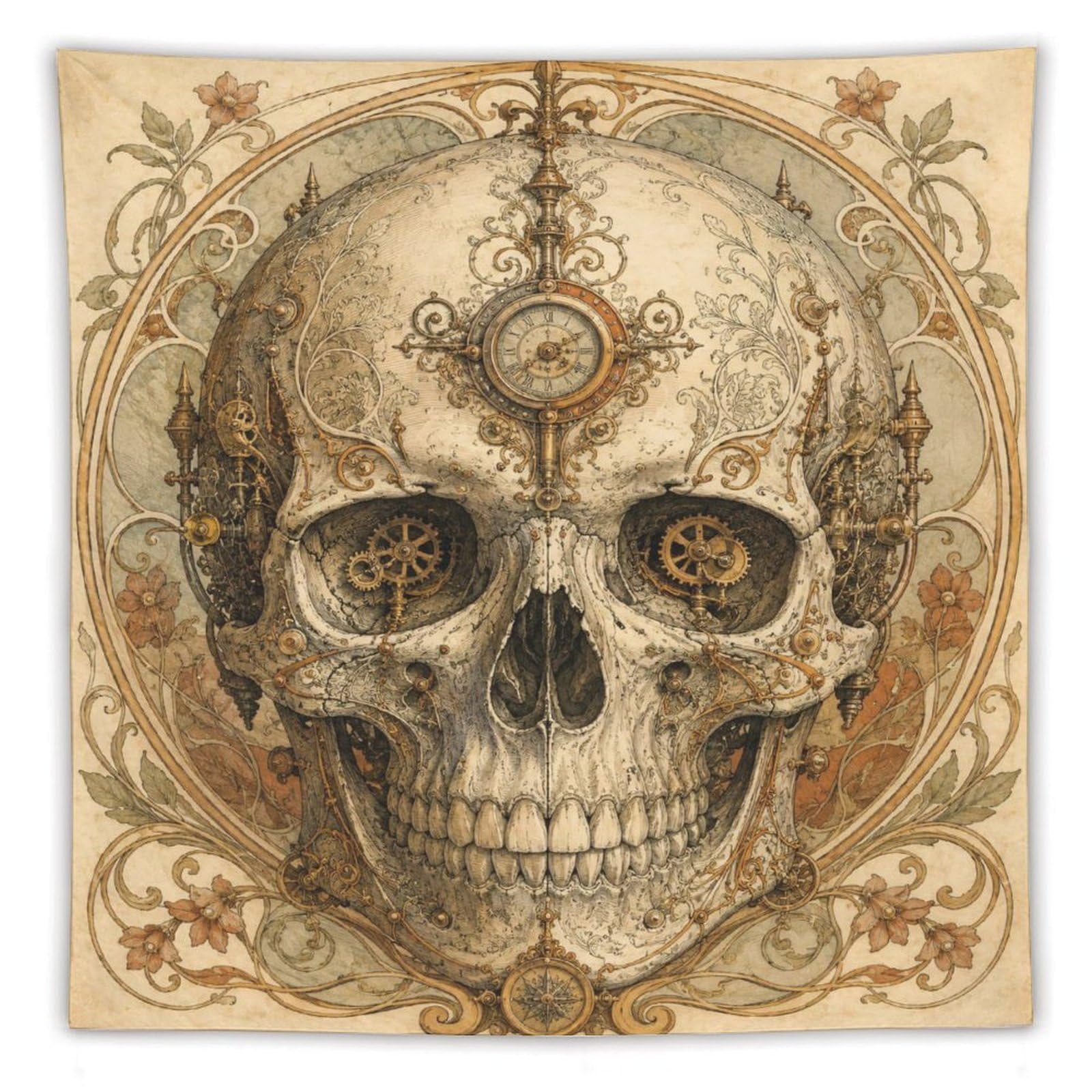 H3B8U2Y5 Clockwork Skull Wall Tapestry, Fantasy Illustration, Apartment