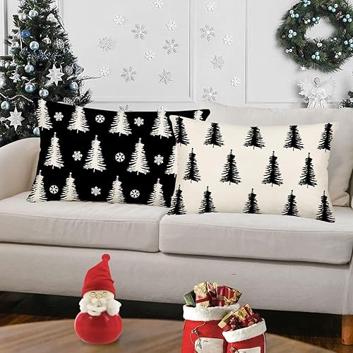 Miniatura 4 de Yameeta Juego de 2 fundas de almohada de árboles de pino de Navidad de 12 x 20 pulgadas, fundas de cojín lumbares de Navidad en blanco y negro,
