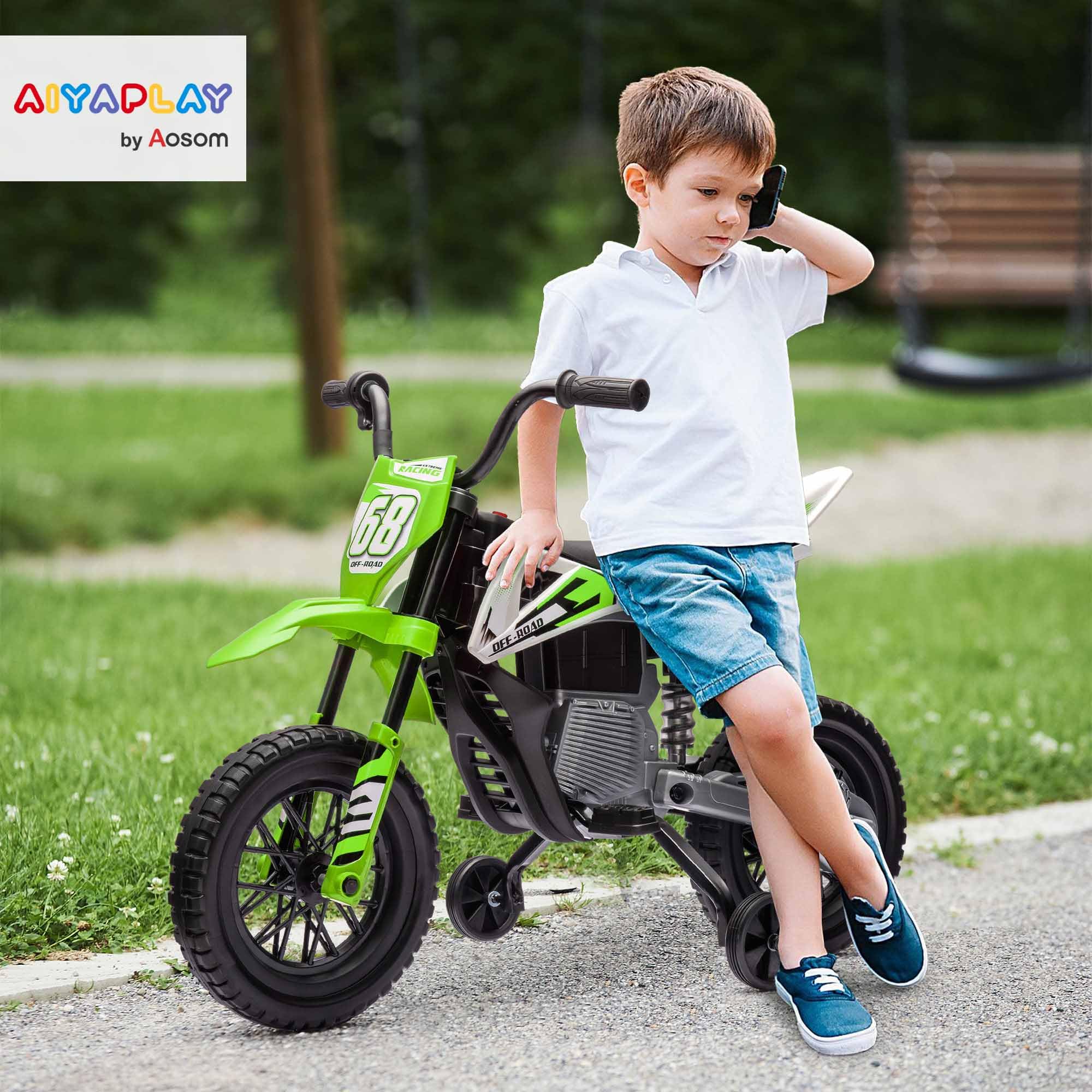 AIYAPLAY Moto électrique Enfants, Moto Cross pour Enfants, 2 Moteurs 12V Puissant, Vitesse Max. 5 km/h, Roues d'entraînement, système de Suspension, Musique, pour 3 à 6 Ans, Vert