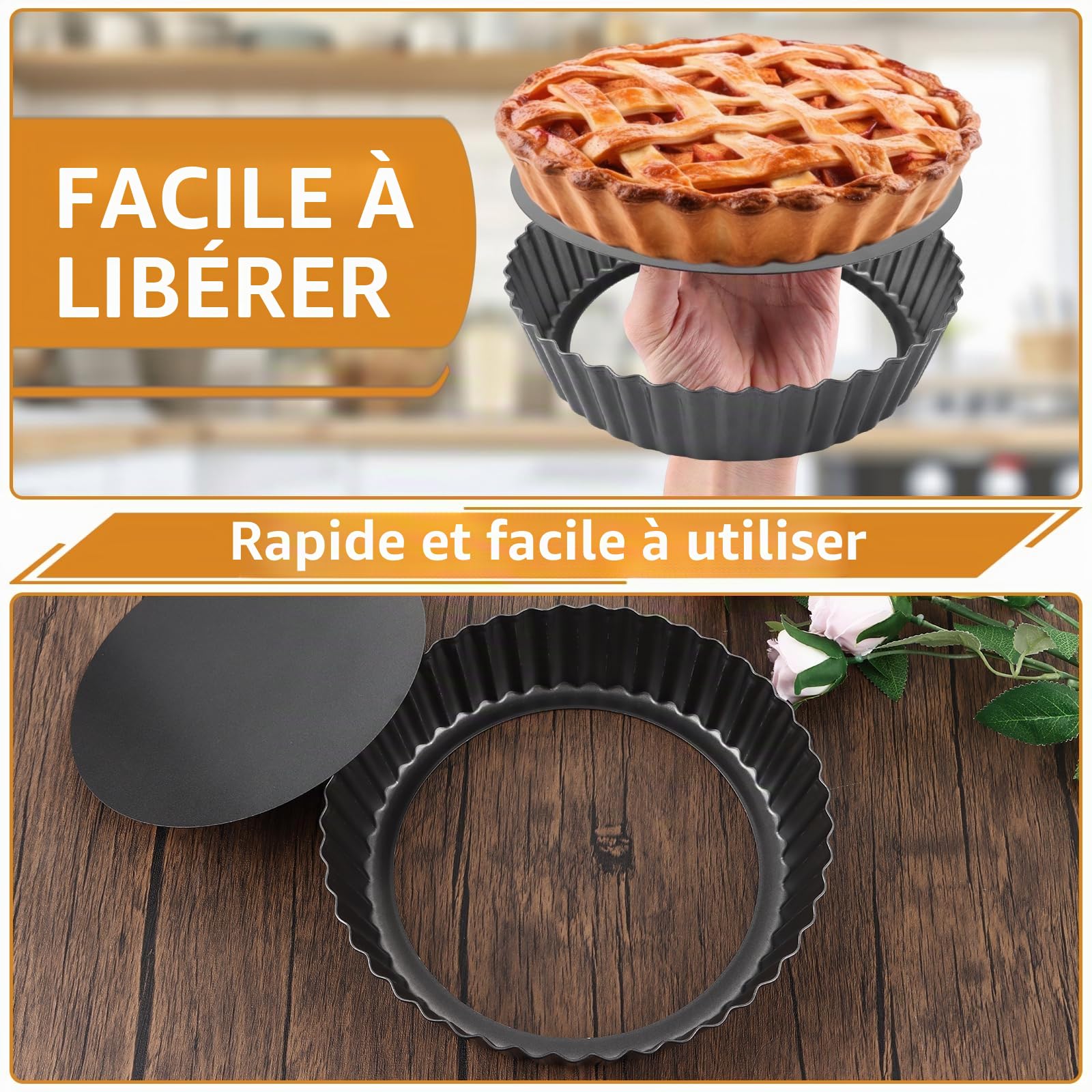 Lot de 2 moules à tarte, ronds, avec fond amovible, 24 x 5 cm, anti-adhésif, avec fond amovible, pour tarte, quiche, tarte