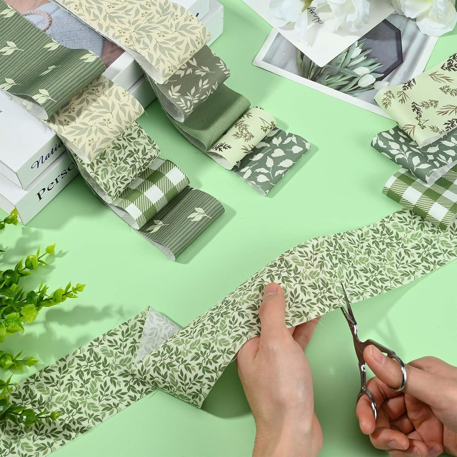 40 Pcs Sage Green Floral Cotton Jelly Fabric Strips Spring Sage Leaves Fabric Strips for Quilting Crafting Precut Patchwork for Gift Sewing DIY Crafts