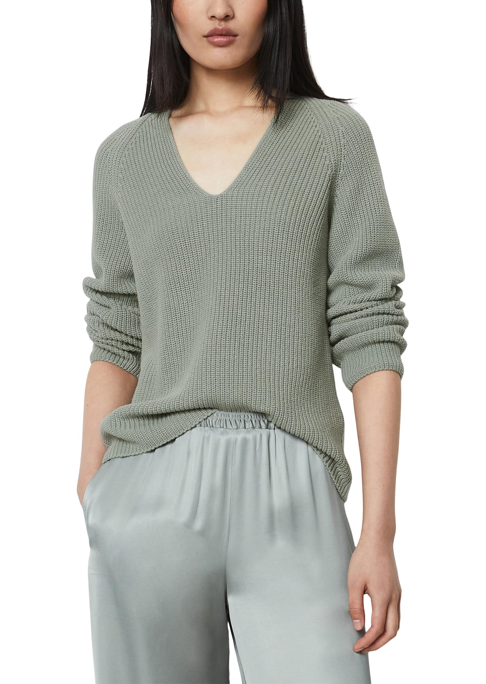 Marc O'Polo Damen Strickpullover aus Bio-Baumwolle mit V-Ausschnitt, Grün (Faded Mint), S