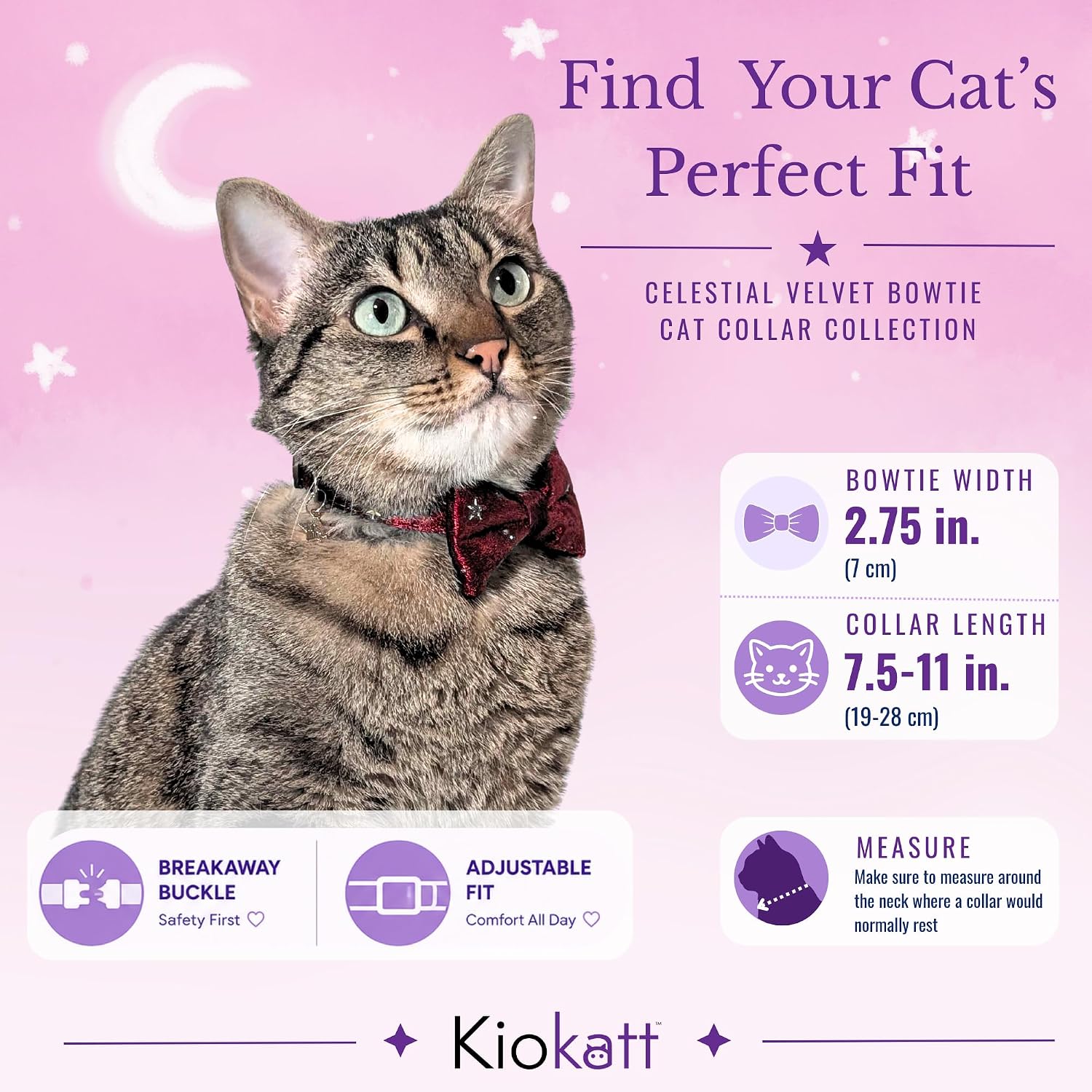 Velvet Bowtie Cat Collar, Celestial Star Print, Breakaway (Red) | Velvet bowtie with gold star charm, dressier than everyday collars