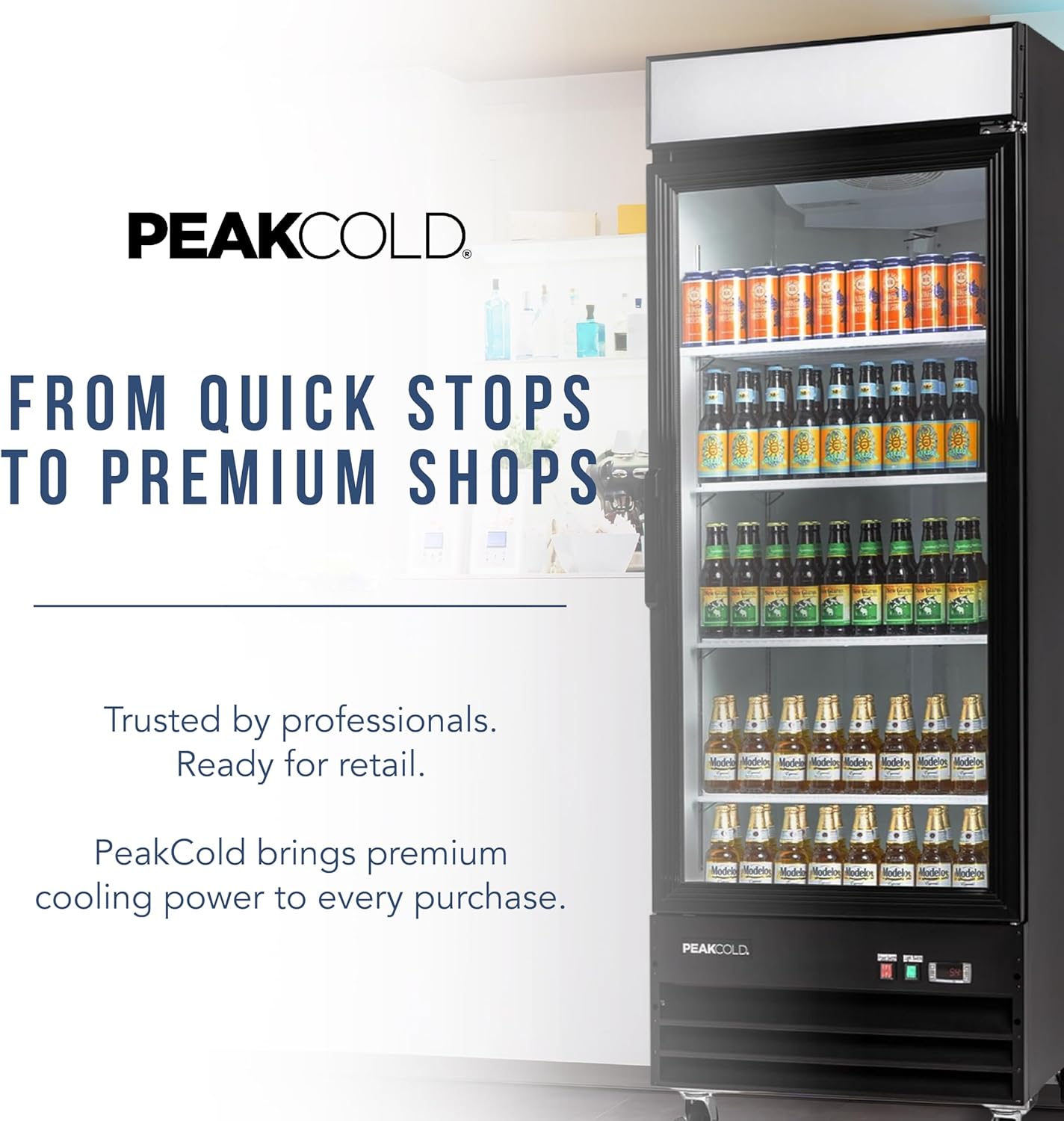 PEAKCOLD 1-Door Display Refrigerator - 23 Cubic Ft, Energy Efficient, Black Merchandiser Refrigerator With Glass Door, White Interior & LED Lighting - Commercial Display Cooler