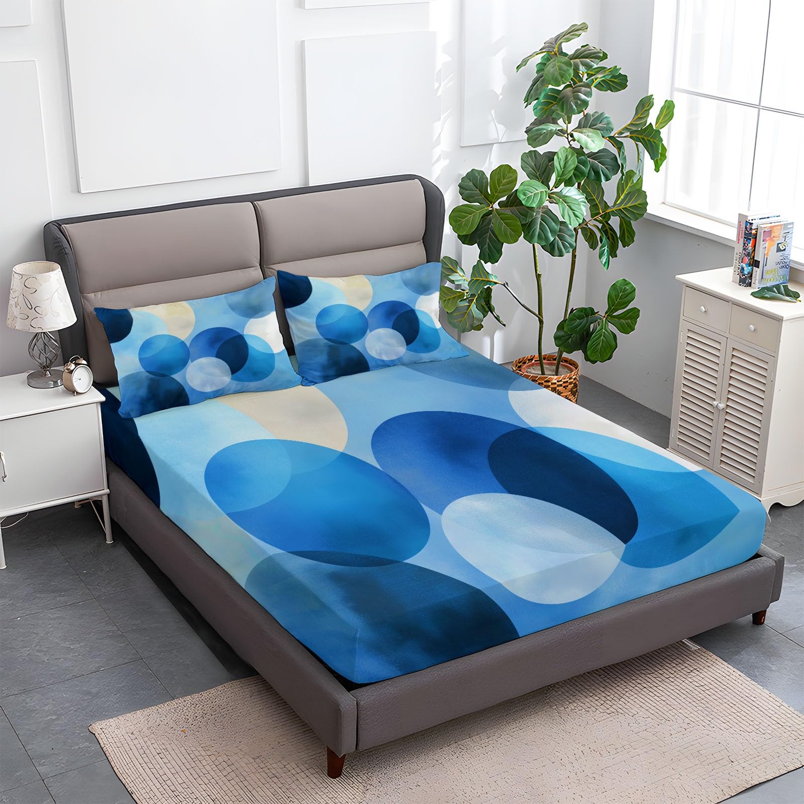 Niebieskie prześcieradło z gumką 90 x 190 cm Minimalistyczne okrągłe geometryczne wzory, miękkie i można prać w pralce elastyczne prześcieradło pod narożnikami do wysokości materaca do 30 cm
