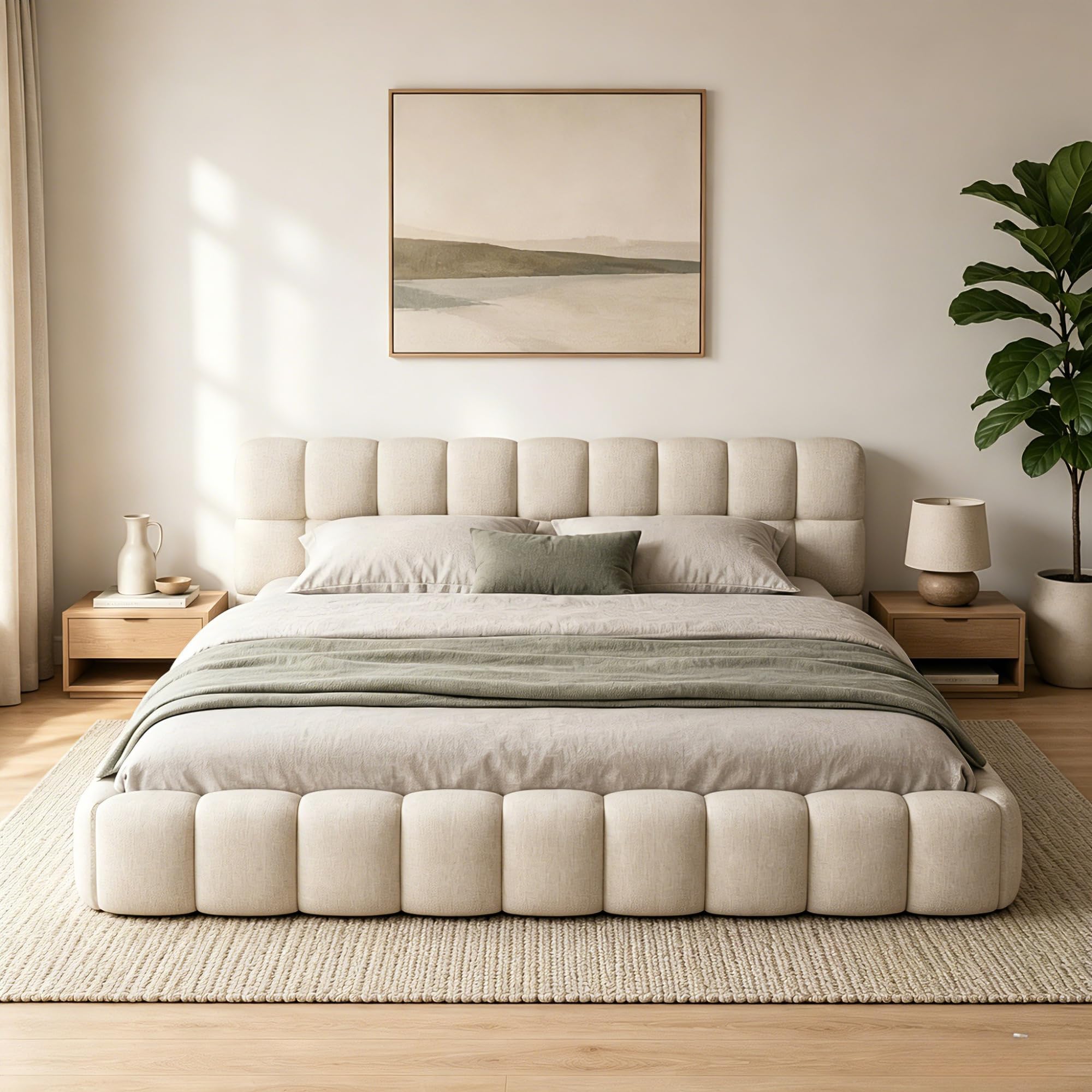 Cama tapizada Bubble de matrimonio (160 x 200 cm, incluye somier y respaldo suave), cama baja para jóvenes, estructura de cama de lino, sin colchón (Beige, 160 * 200)
