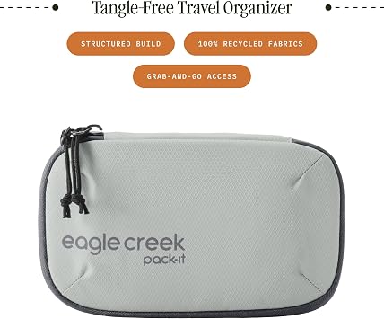 Eagle Creek Pack-It E-Tools Organizer Mini - Padded Easy-Access Travel Tech Organizer for Small Accessories - Internal Stretch Pockets - Internal Elastic Loops - Recycled Fabric - Storm Grey