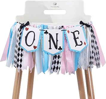 Alice in Wonderland Highchair Banner, 1st Birthday Girl Decoration, Blue, 80 inches x 8.75 inches