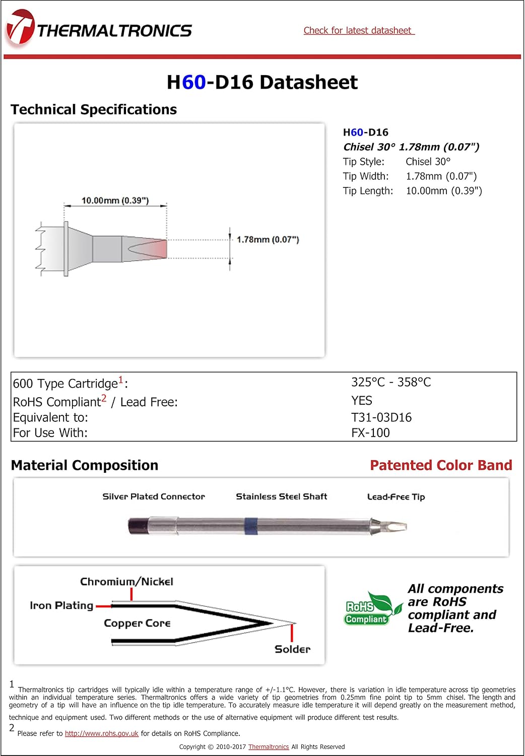 H60-D16 Chisel 30deg 1.78mm (0.07in) interchangeable for Hakko T31-03D16