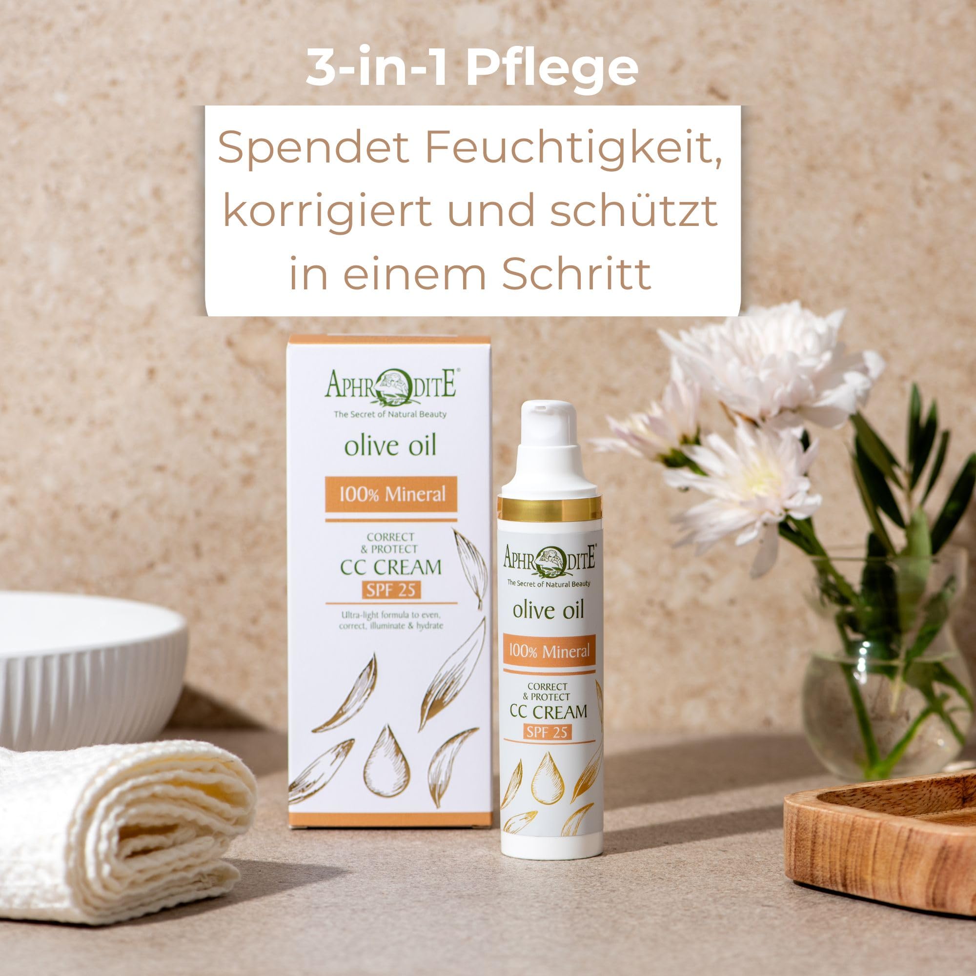 Aphrodite 100% Mineralische Correct & Protect CC Creme (50 ml) SPF 25 mit feuchtigkeitsspendender Abdeckung – Natürliche Mineralformel – Riff-sicher – Für empfindliche Haut