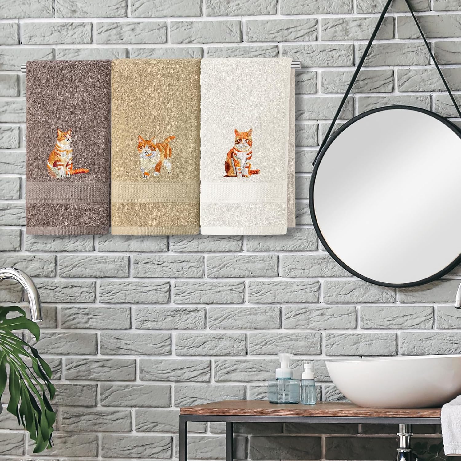 3 Pcs Orange Cat Hand Towels Bathroom Sets Decor Cute Orange Cat Lover Gifts Funny Decorative Farmhouse 100% Cotton Embroidered Towels for Women Bathroom Kitchen 13. 3 x 29. 5'' - Image 3
