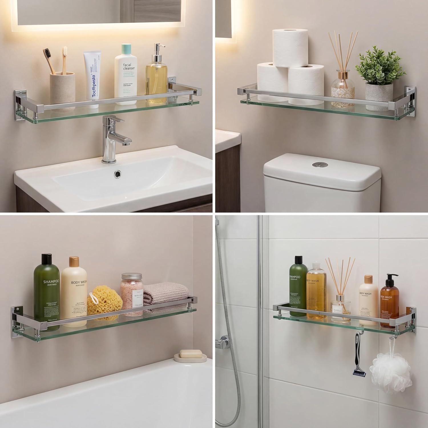 3 Pack 20 Inch Glass Bathroom Shelves for Wall, Wall Mount Glass Shelves with Stainless Steel Rail, Modern Floating Bathroom Shelf Organizer, Rectangular Room Decor for Sink, Over Toilet