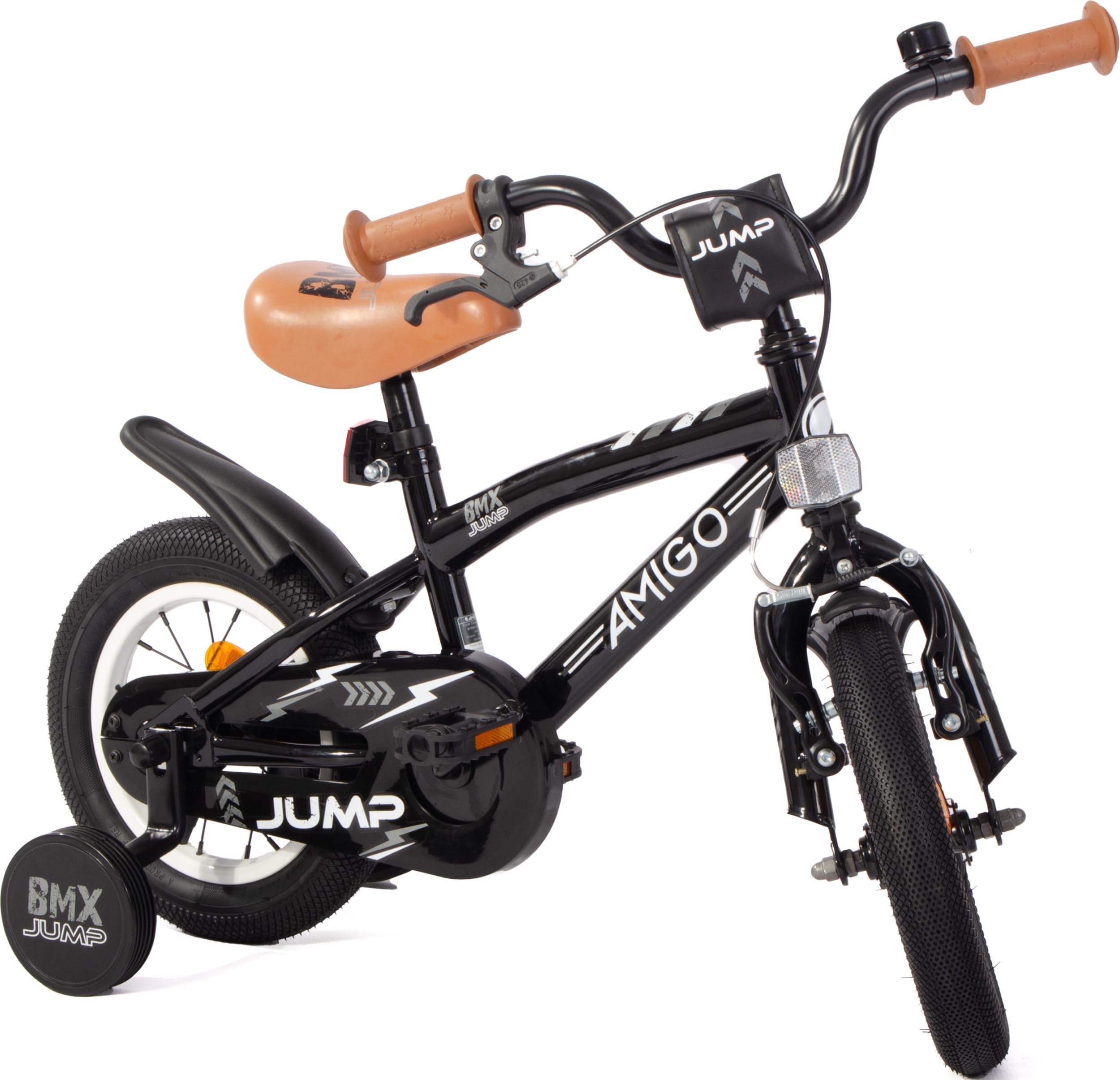 AMIGO BMX Jump - Kinderfahrrad Jungen - 12 Zoll - Mit Rucktrittbremse und V-Brake und Stützräder - ab 3-4 Jahr - Schwarz/Weiß