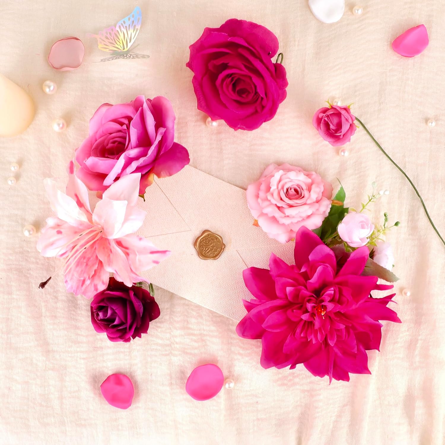 Hot Pink Flowers, Faux Roses Silk Flowers with Stems Pink Flower for Centerpieces DIY Wedding Bouquets Floral Arrangements for Wedding Party Baby Shower Home Decor