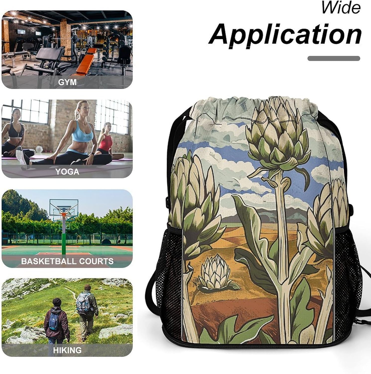 Artichokes in The Field Drawstring Backpack with Wet Pocket - Large Capacity Gym Bag with Shoe Compartment & Mesh Pockets, Adjustable Lightweight Gym Backpack for Swimming, Travel, Workout