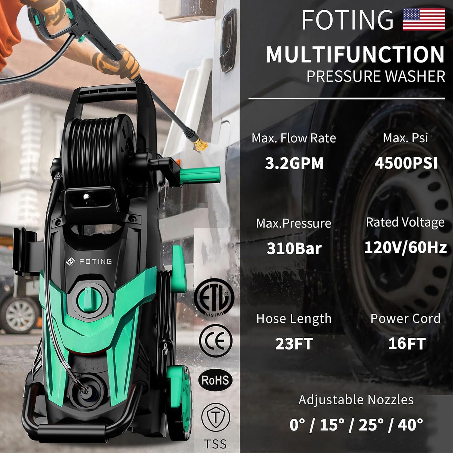 FOTING Pressure Power Washer with hose reel and accessories