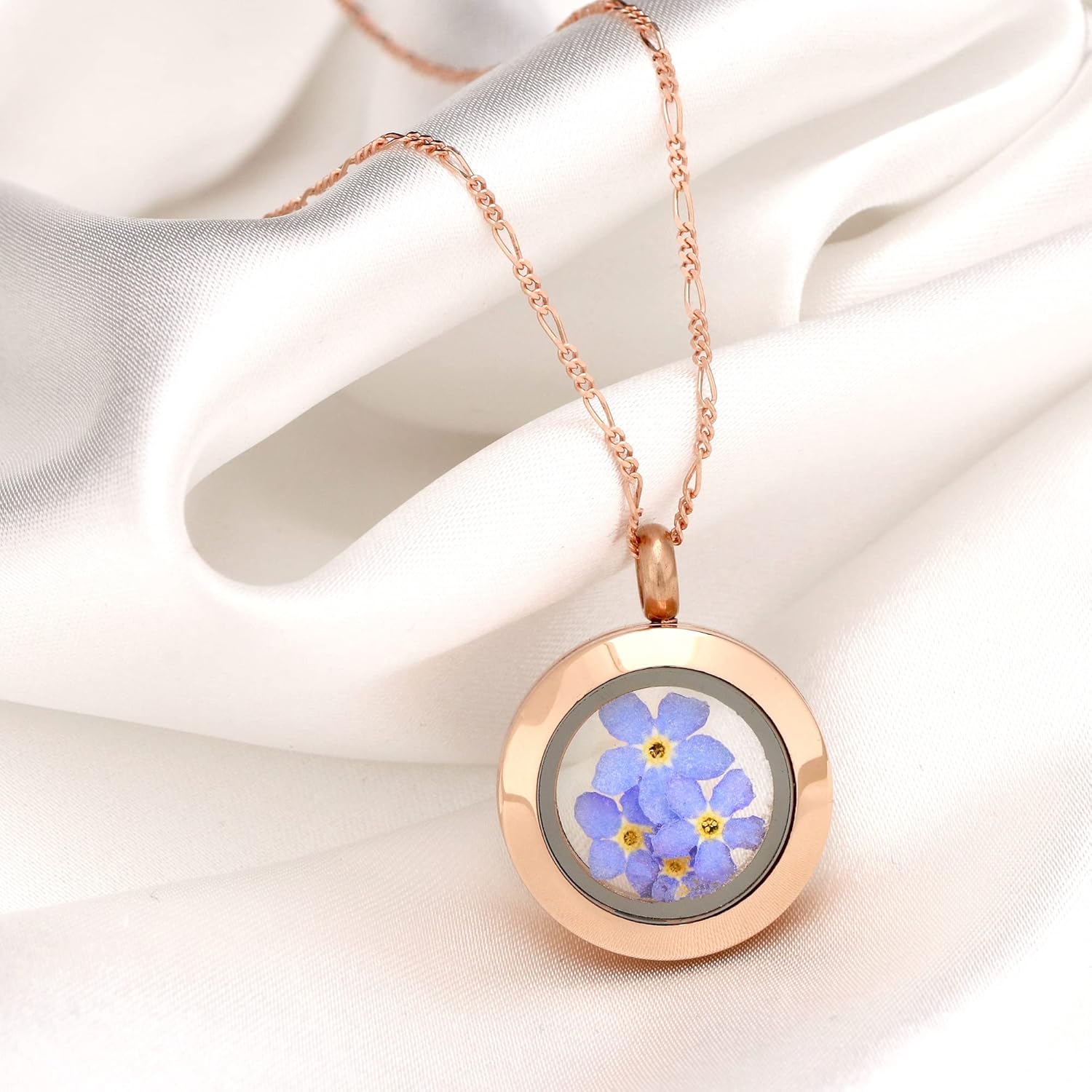 MadamLili 925 Sterling Rose Gold Plated Locket Necklace | Real Forget-Me-Not Flowers | Vintage Jewelry | Memorial Necklace | Meaningful Gift for Mom & Daughter | Flower Pendant Necklace - Image 3