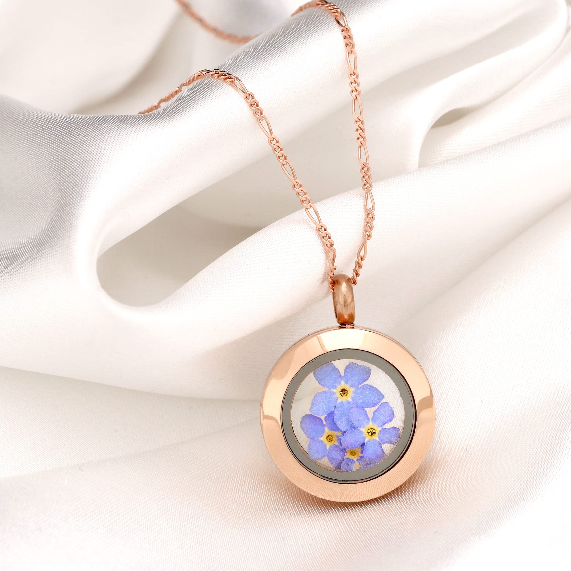 Madamlili 925 Sterling Silber Medaillonkette | Roségold Vergoldet | Echte Vergissmeinnicht-Blüten aus Berlin | Zeitlose Erinnerung & Symbol für Liebe & Verbundenheit | Geschenk für Frauen
