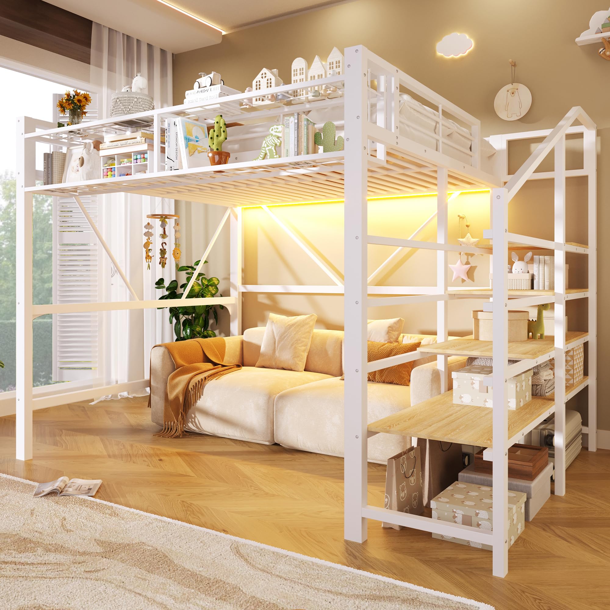 Cama Alta 140x200 con Baldas Abiertas Cama Canapé con Almacenamiento Integrado Double Bed sin Colchón con Paneles de Rejilla y Cesta Integrada para Apartamento Blanca