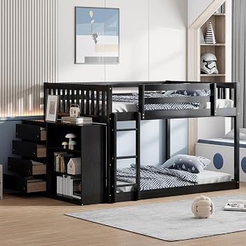 DNYN Full Over Full Bunk Bed with Storage Shelves & 4 Drawers for Kids Bedroom,Wooden Bedframe w/Ladder & Safety Guardrails,Super Save Space & No Box Spring Needed, Espresso