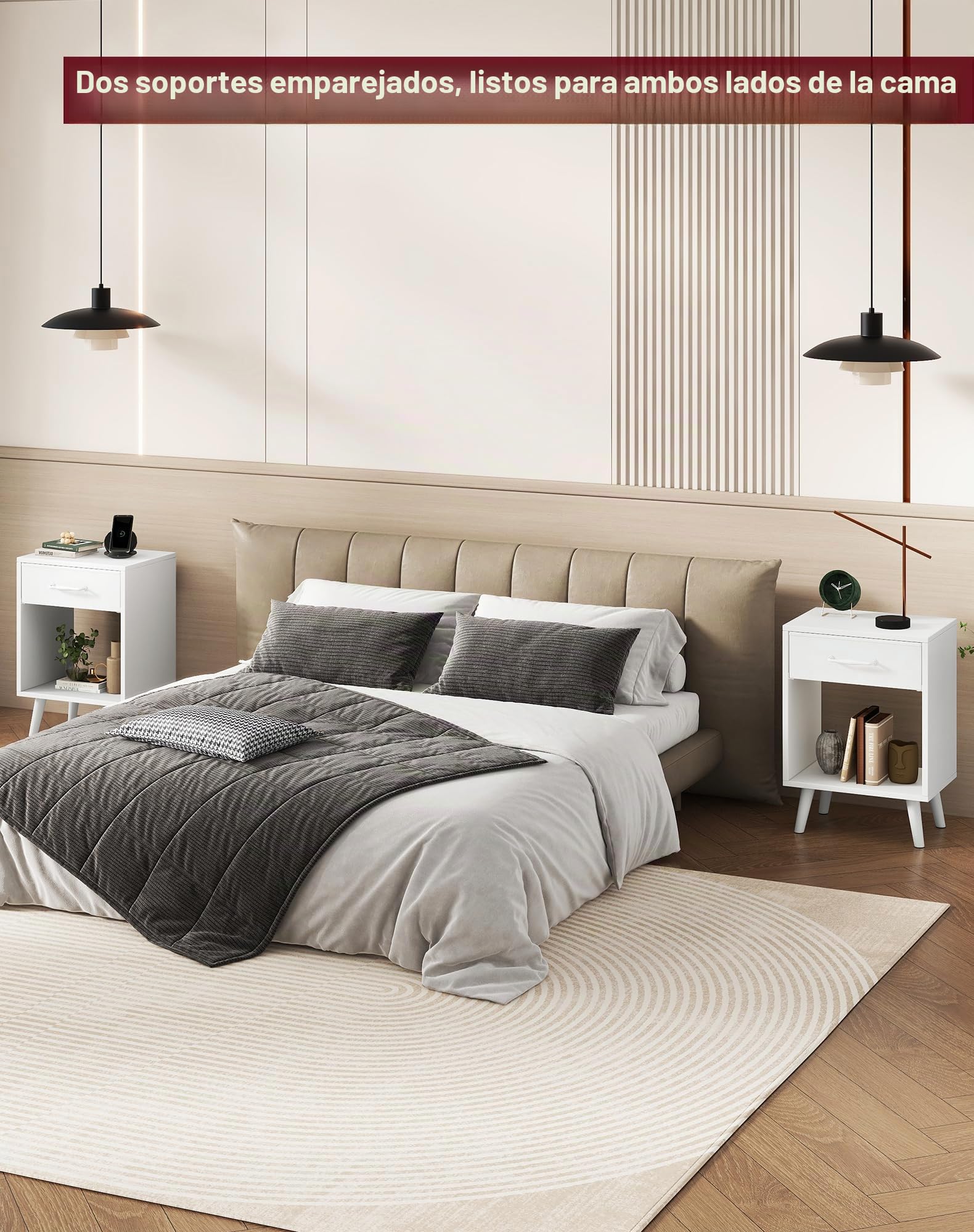 YMYNY Set de 2 Mesitas de Noche, Mesa Auxiliar de Salón, Cajón de Tela con Asa, Ripiano Abierto, Patas de Madera Maciza, Estilo Industrial Rétro, 39x29.5x59.5 cm, para Dormitorio, Blanco HST020W-2