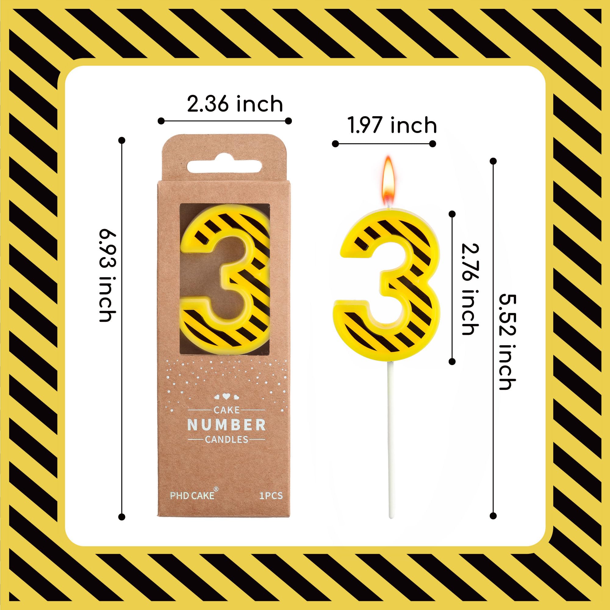 PHD CAKE 7,9 cm Zahl 3 Bau-Geburtstagskerzen, gelbe und weiße Streifen Zahlenkerzen, Kuchenzahlenkerzen, Partyfeier