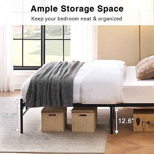 Miniatura 4 de Base de cama tamaño Queen, marco de cama de plataforma de metal con cabecera de almacenamiento, cabecera de madera rústica vintage, base de colchón,