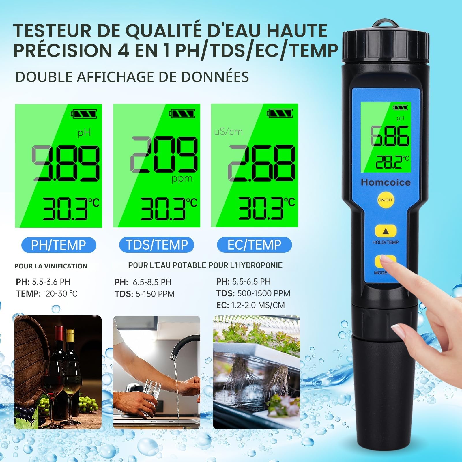PH Mètre 4 en 1 avec TDS EC Température, IP67 étanche Testeur pH Piscine Hydroponie Spa, Tester Eau Numérique de 0.01 haute précision avec fonction ATC