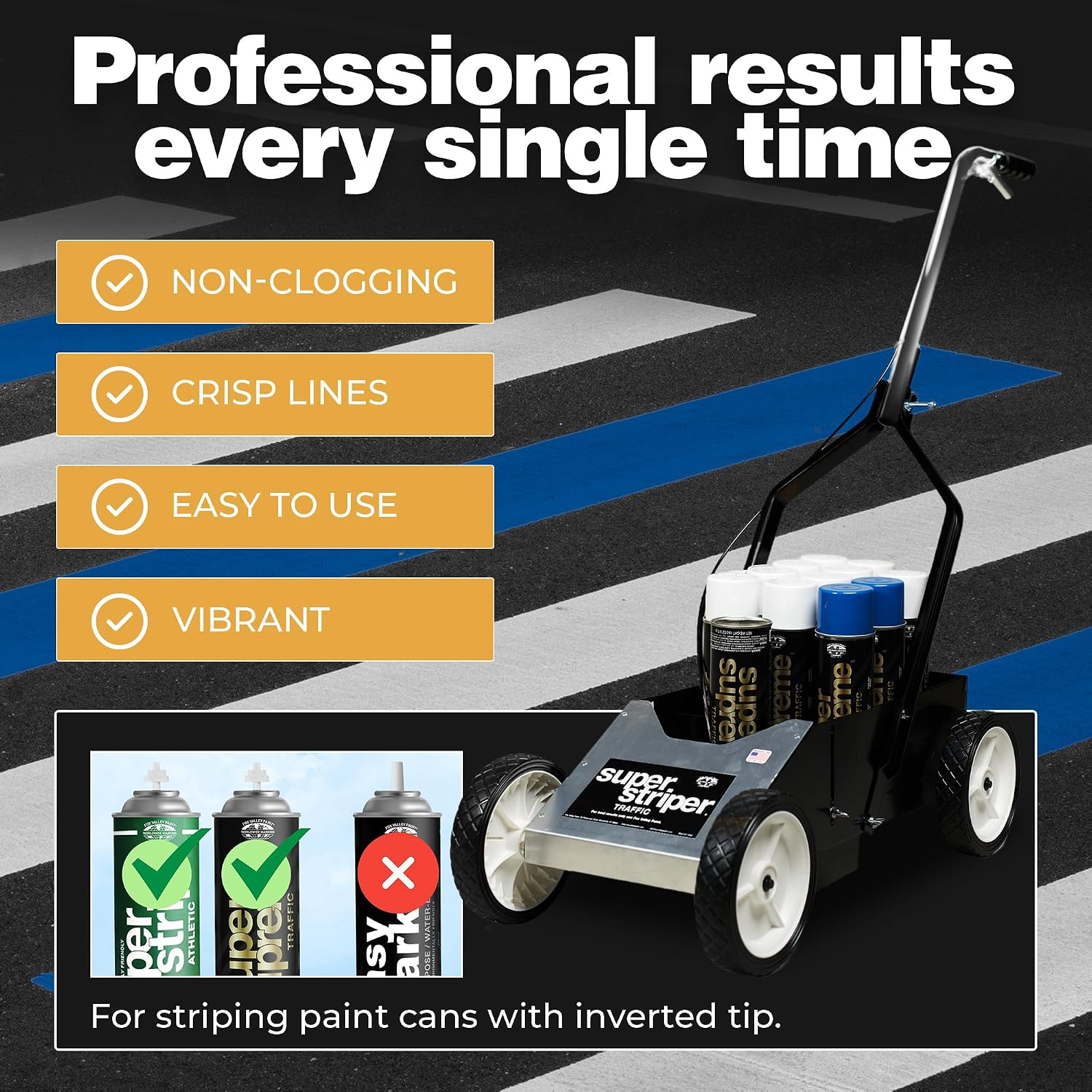Fox Valley Traffic Super Striper Parking Lot Striping Machine – Complete Striping Kit for Clear & Precise Lines – Metal Marking Machine w/Super Supreme Spray Paint – (12 Cans)