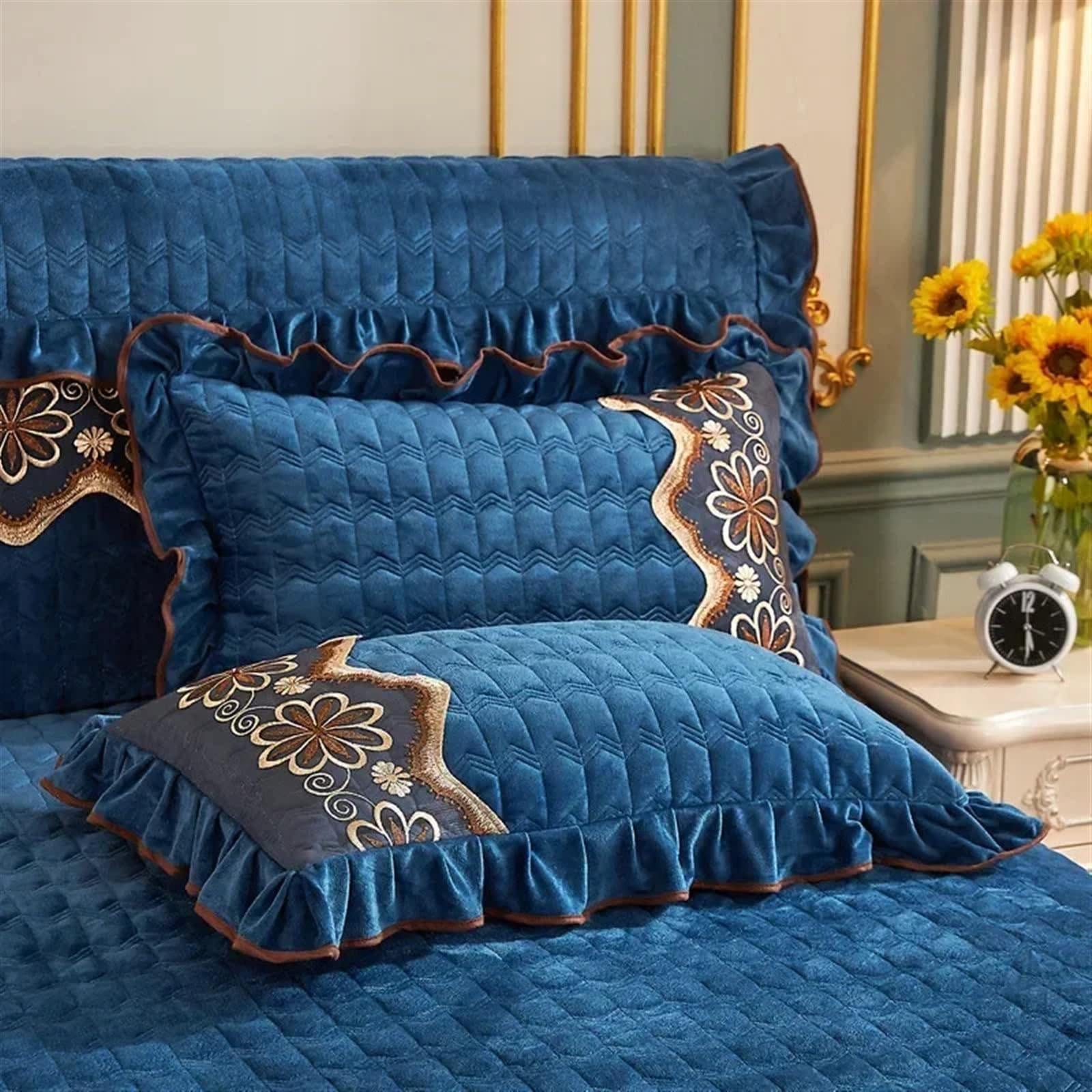 Gonne da Letto in Pizzo di Velluto Autunnale e Invernale, copriletto in Cotone Spesso, Lenzuolo da Letto(Color 18,2PCS Pillowcase)