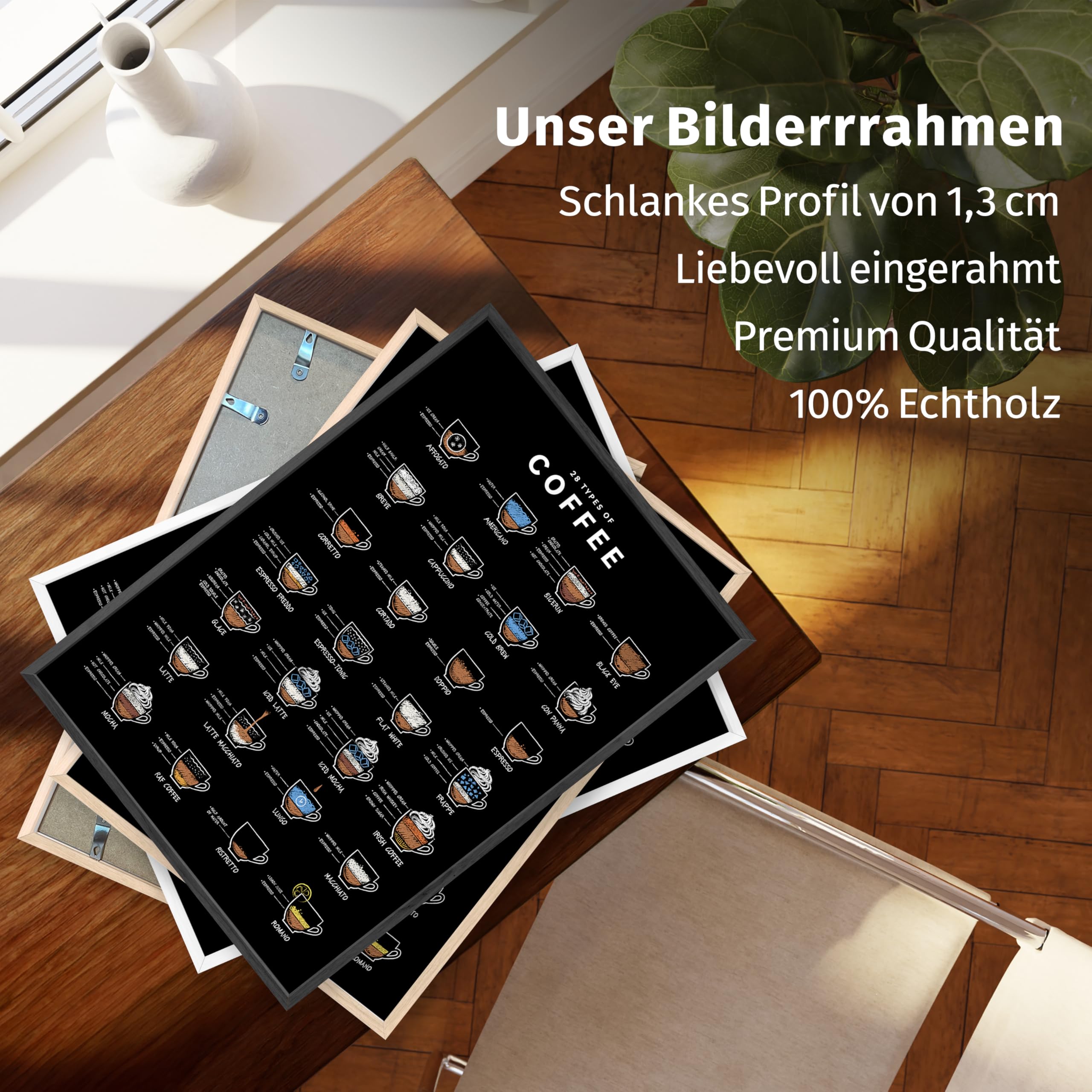 JUNOMI® Kaffee Poster DIN A2 schwarz, Rahmen Natur | 28 Kaffeesorten | Wandbild für die Küche und die Kaffeeecke, von Affogato bis Romano, als Aquarell oder in Kreidetafel-Optik