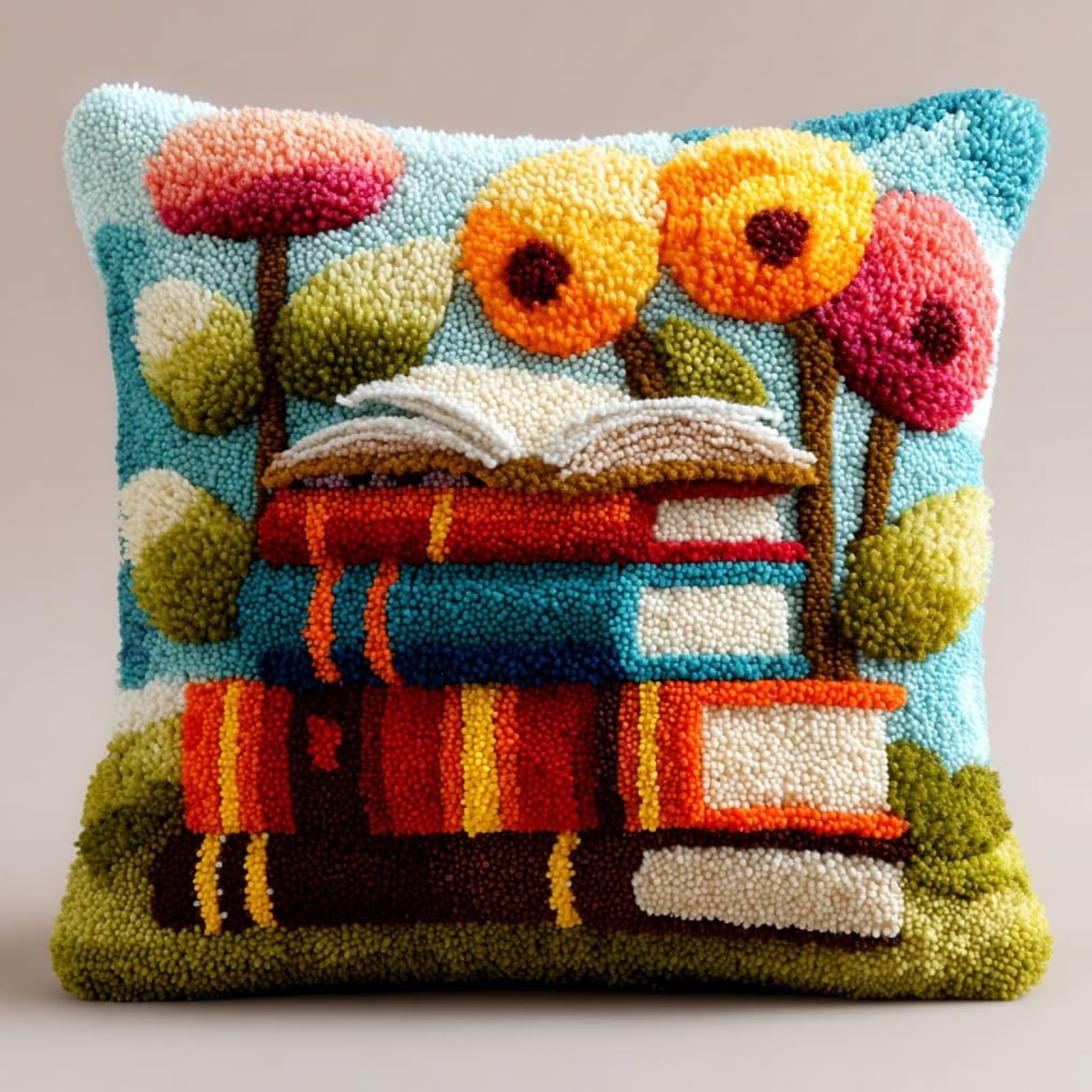 Henypt DIY Latch Hook Cushion Kit,Books and Flowers 43x43cm Sofa Pillow Cover Making Set,Premium Yarn & Printed Canvas with Clear Instructions