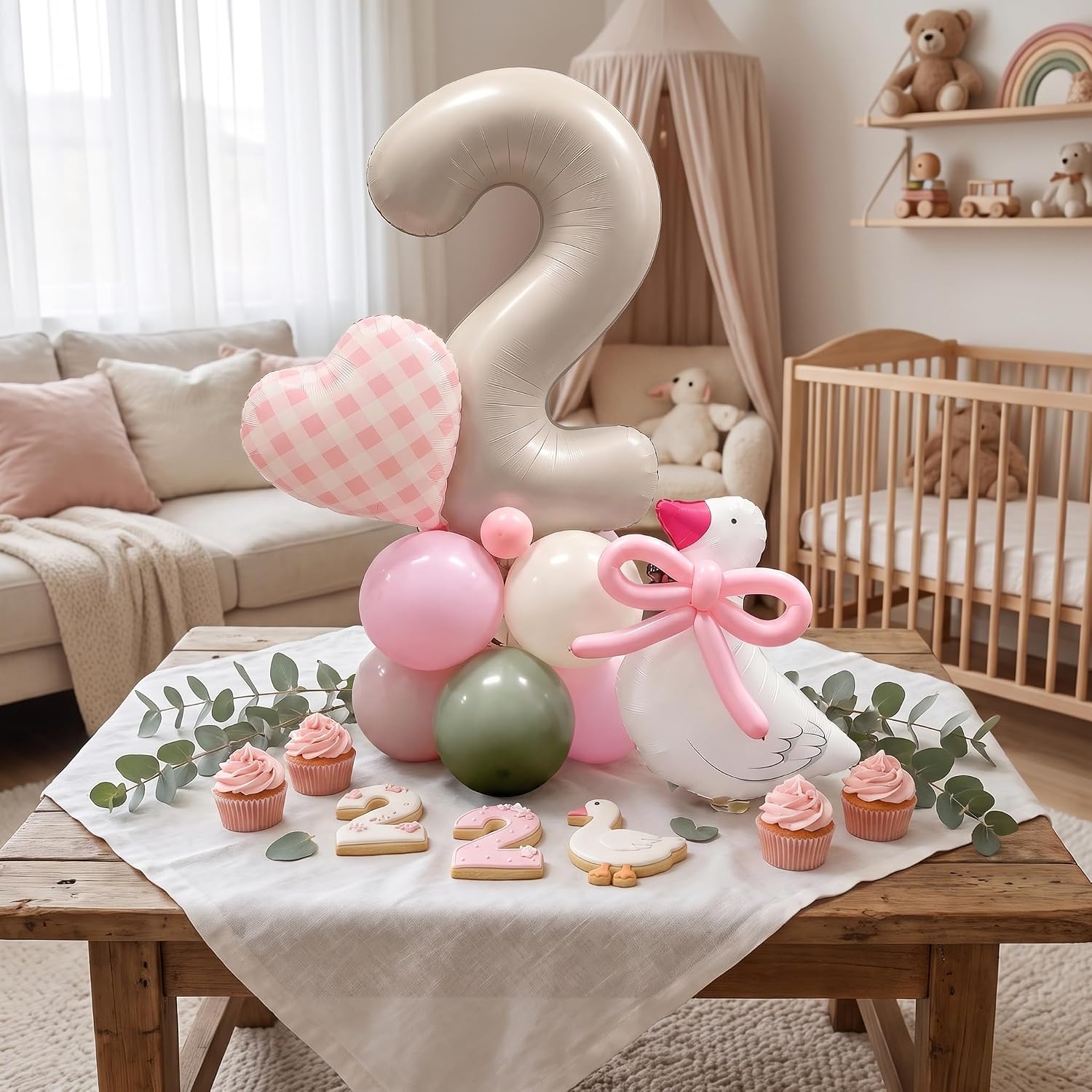 One Silly Goose 2nd Birthday Decorations for Girl - 2 Year Old Goose Balloon Column Kit with Giant Number 2, Pink Plaid Heart, and Swan Goose Foil Balloons for Two Silly Goose Theme Party Supplies image 2