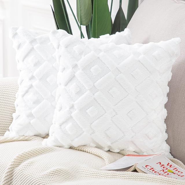 MADIZZ Pack of 2 Soft Plush Short Wool Velvet Decorative Cushion Covers Luxury Style Throw Pillow Cases Pillow Shell for Sofa Bedroom Square White 12x12 inch