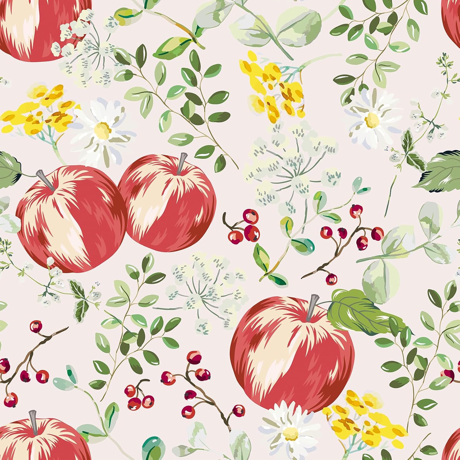 CRE8TIVE Apple Floral Peel and Stick Wallpaper for Nursery Bedroom 12"x118" Cream White Garden Plant Wallpaper Mural Removable Self Adhesive Daisy Berry Flower Leaf Contact Paper for Cabinets Dressers