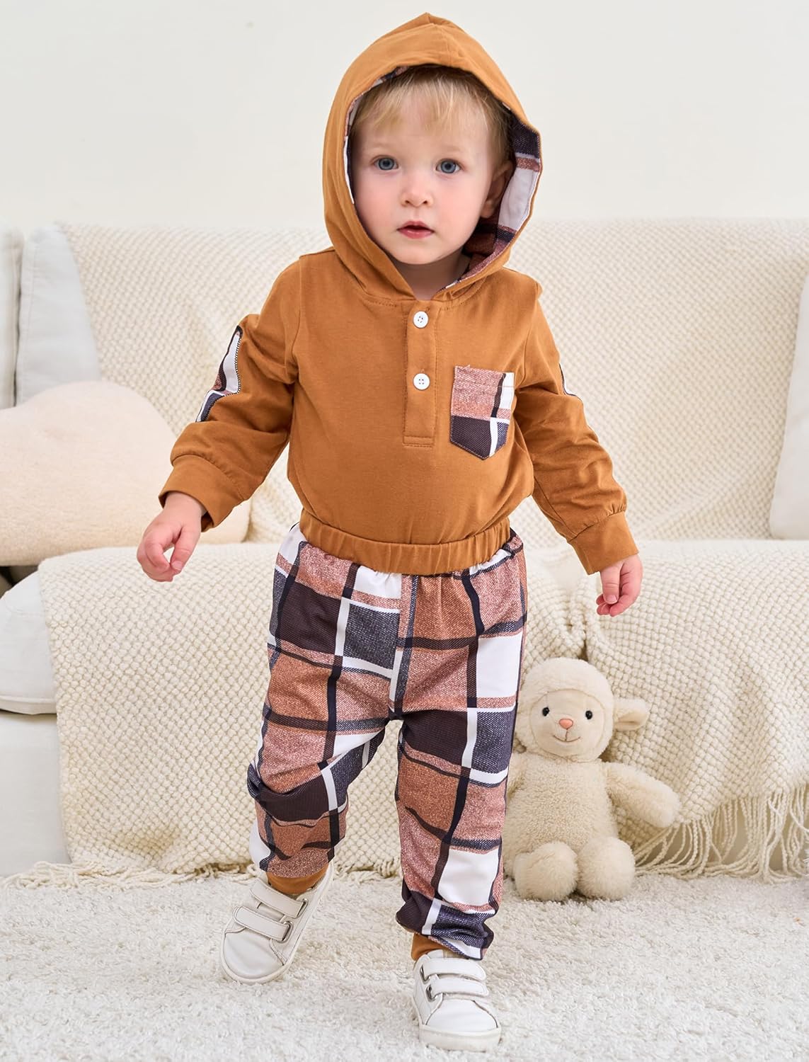 Baby Boy Clothes Long Sleeve Hoodie Romper and Plaid Pants Set Fall Winter Baby Boy Outfit 0–18 Months - Image 4