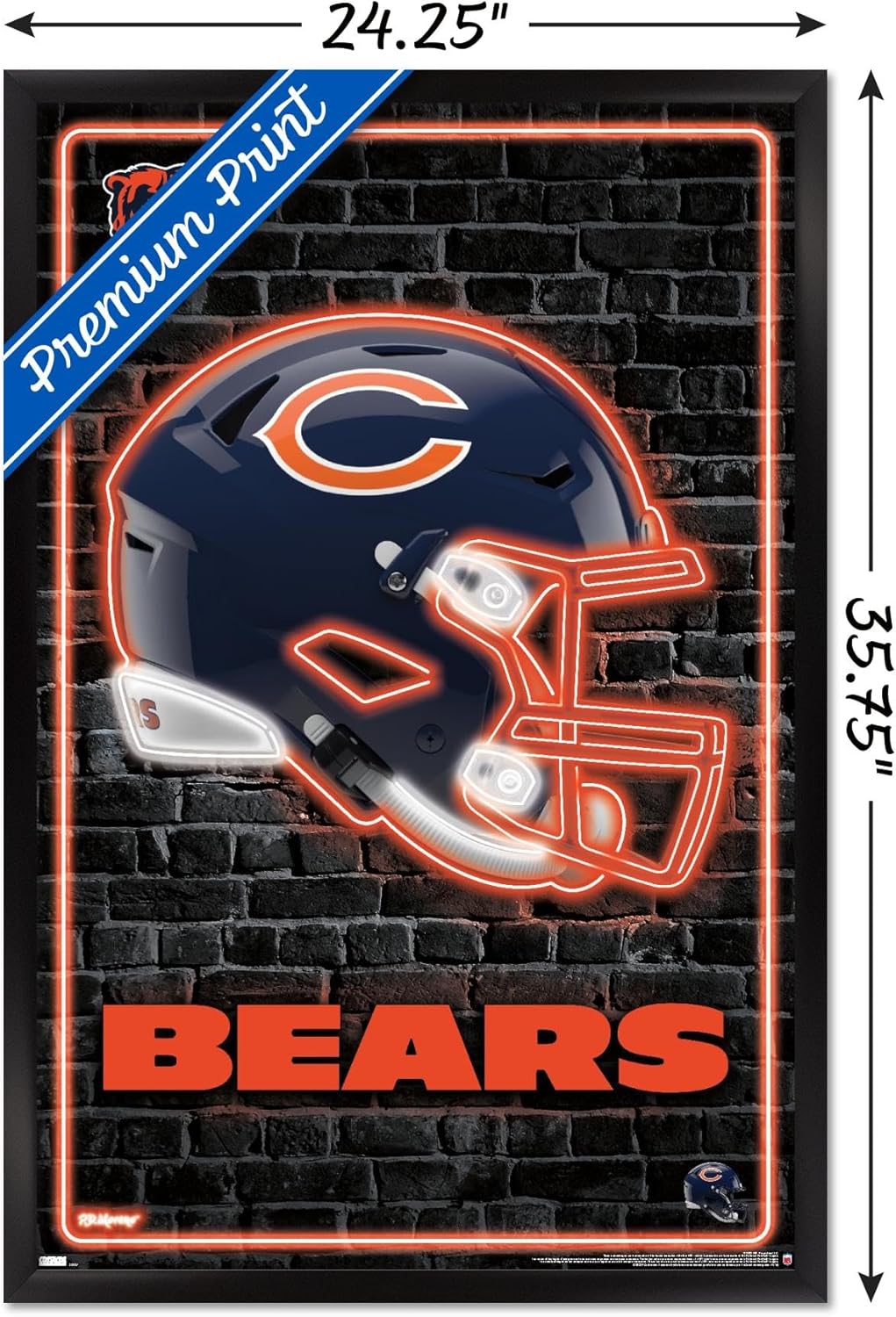 NFL Chicago Bears - Neon Helmet 23 Wall Poster, 34L" x 22.4W", Black Framed Version