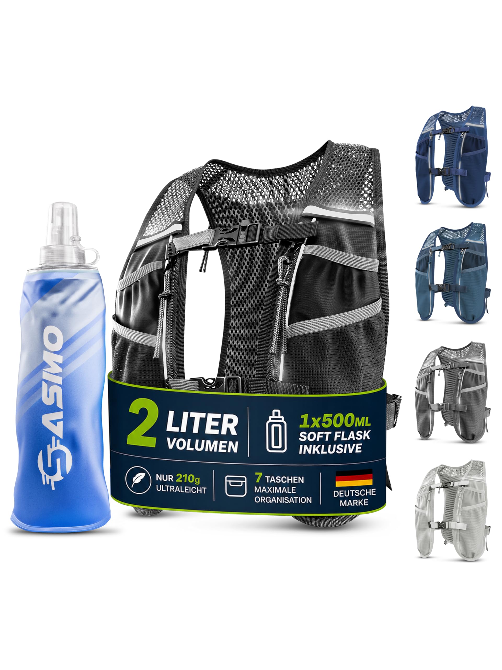 SASMO® Laufweste Damen & Herren 5L / 2L | Running Vest - Ultraleicht & atmungsaktiv| Laufrucksack Damen - 8 Taschen | Laufweste Herren | Trinkweste Laufen