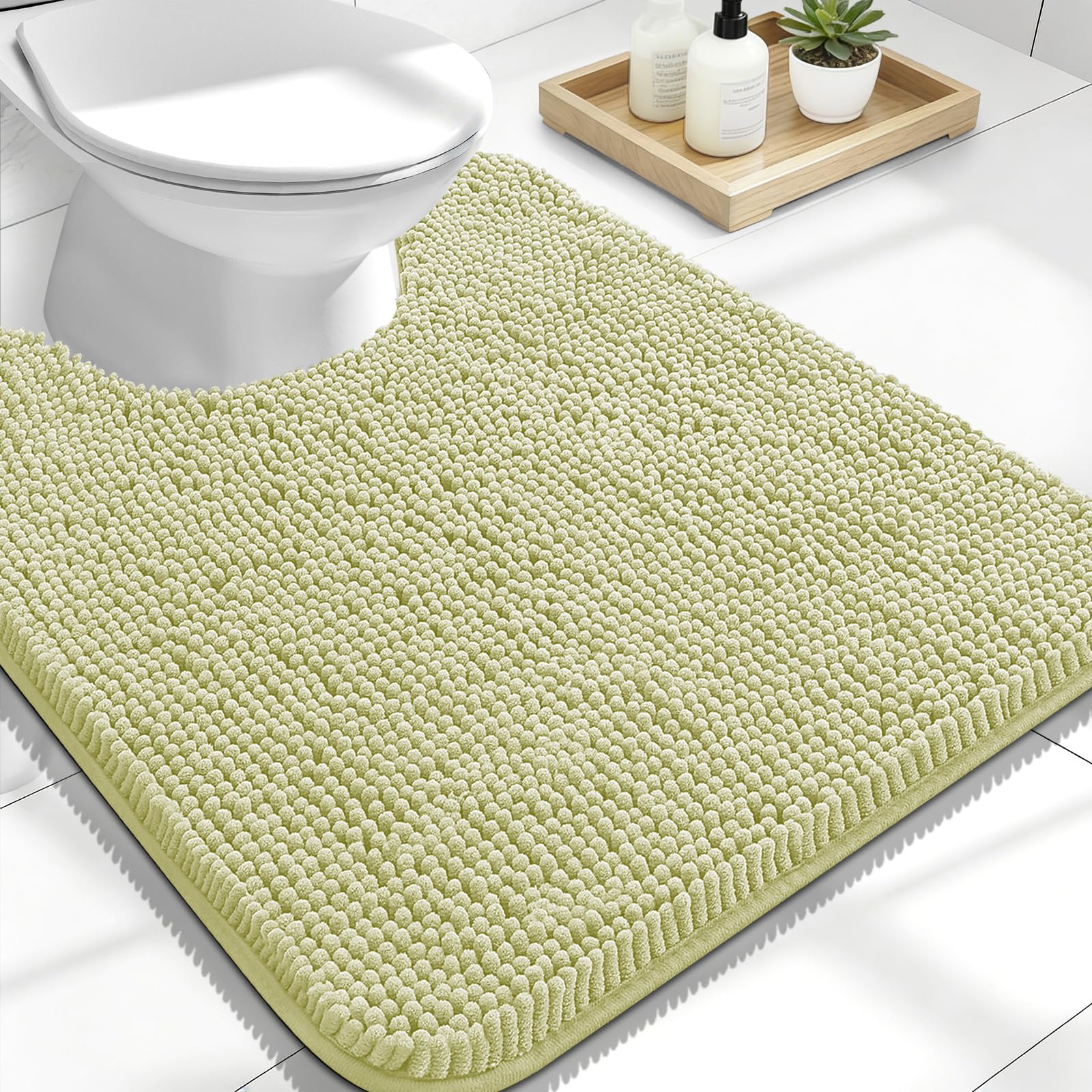 OLANLY Toilet Rugs U-Shaped 24x20, Soft Absorbent Chenille Contour Rugs | Vanilla, Quick-Drying Rubber Backing, Machine Washable Non-Slip Shaggy Bathroom Mat for Toilet, Home Decor Accessories
