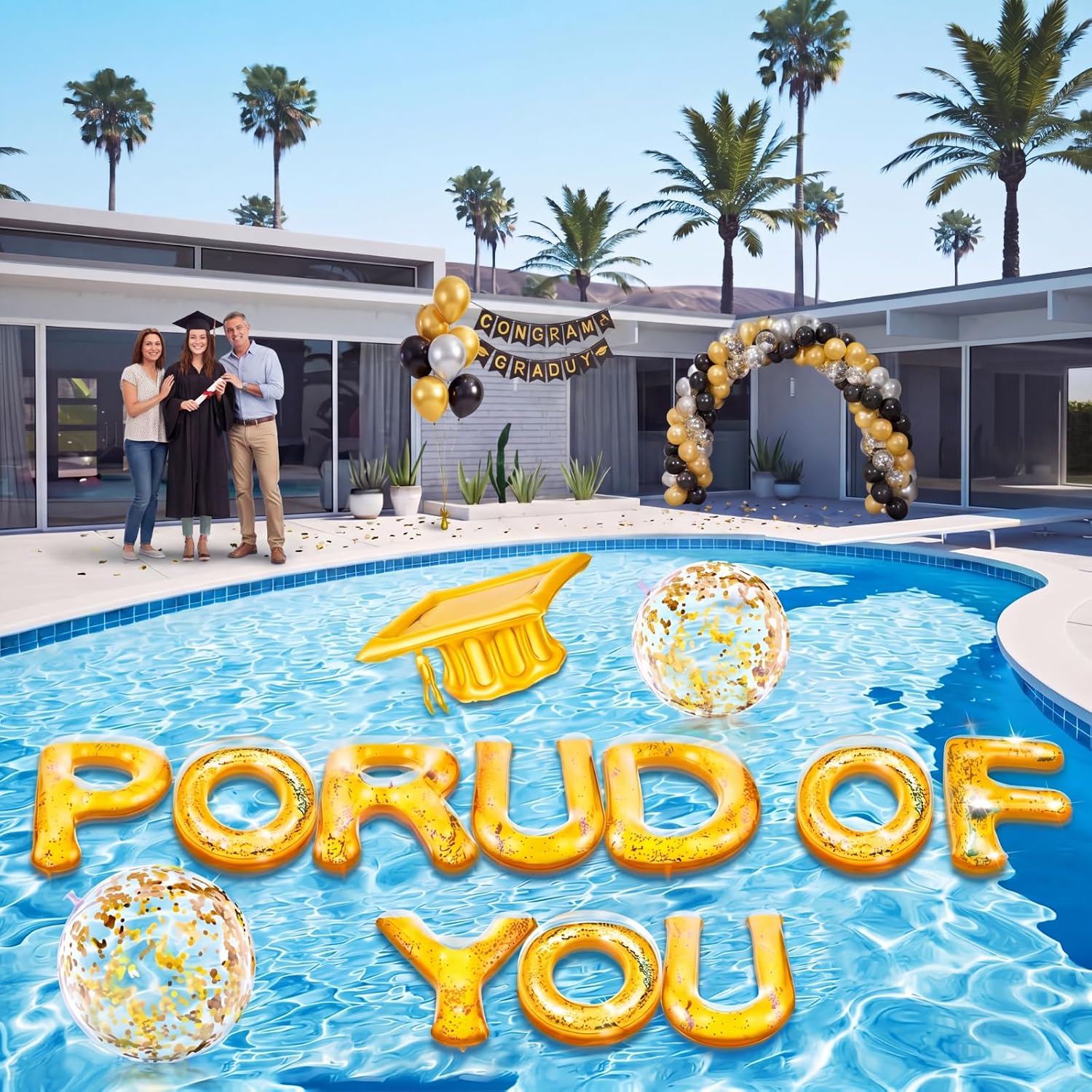 Sumind 13 Pcs 20" Graduation Pool Floats Proud of You Inflatable Letters, Congrats Grad 2026 Decorations for Pool Party, Beach, Photo Props, Gold Floating Balloon Set