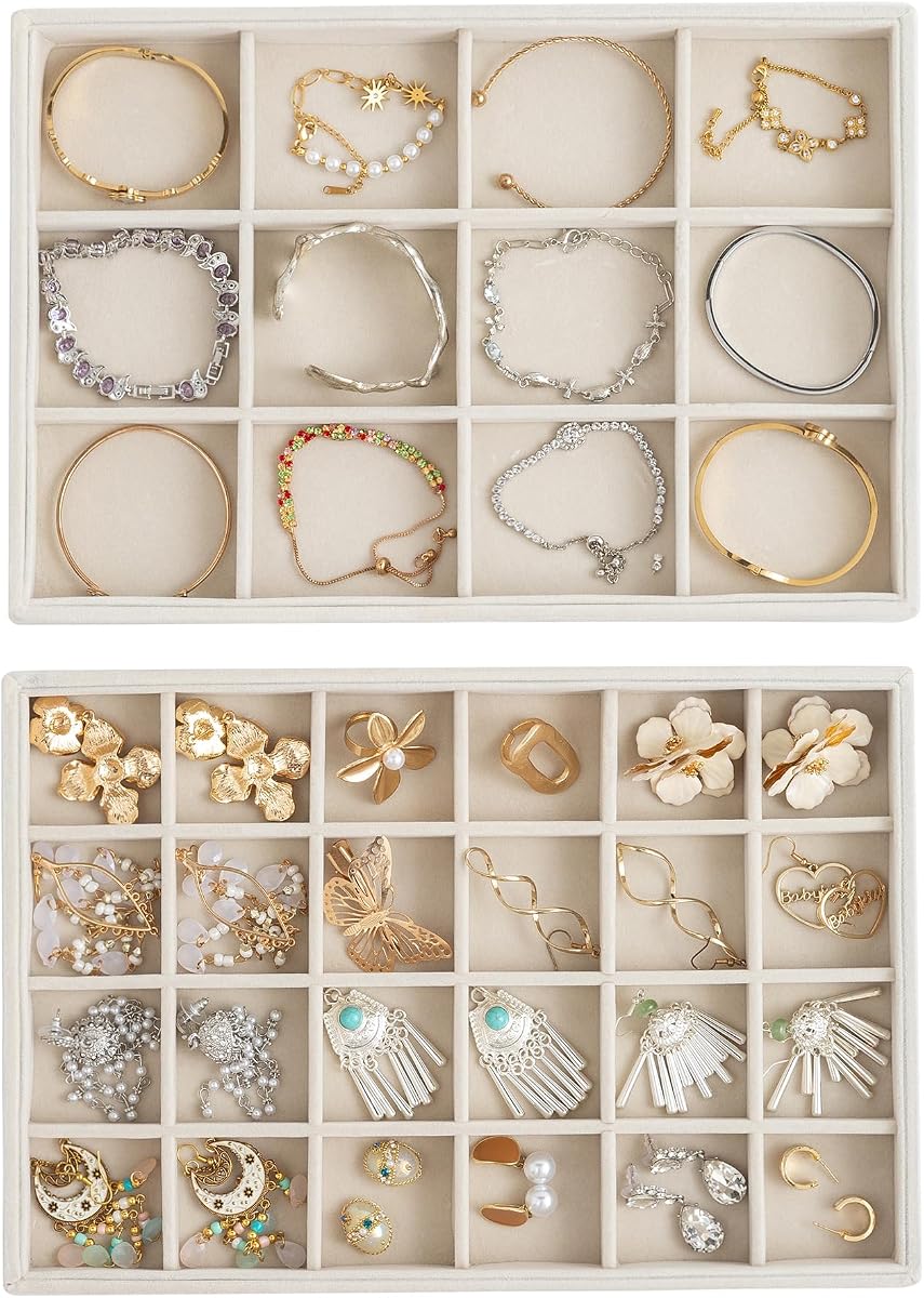 Frebeauty Bandejas de joyería para cajón, juego de 2 organizadores y almacenamiento de joyas | Material de terciopelo, apilable, divisores ajustables, inserciones de cajón para anillos, pulseras, organizador de pendientes para mujeres y niñas