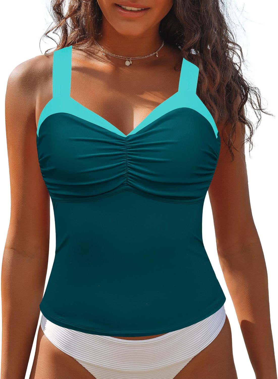 GRAPENT Tankini Tops for Women Colorblock Ruched Swimsuits Beach Padded Adjustable Straps Modest Swimwear Swim Tops Only