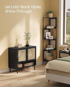 VASAGLE Natural Rattan 3-Tier Shoe Cabinet, 16 Pair Shoe Storage Cabinet, Boho Style Shoe Organizer with Height-Adjustable Shelves and Steel Legs, for Entryway, Closet, Hallway, Ash Black ULBC049B01