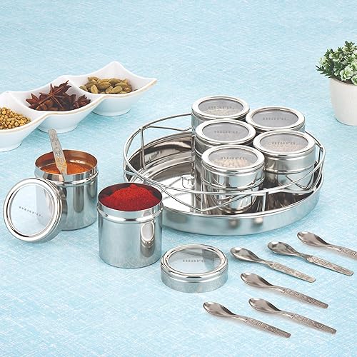 MARU Caja Masala de acero inoxidable de alta calidad, contenedor de especias duradero con 7 compartimentos para juego de cocina, juego de