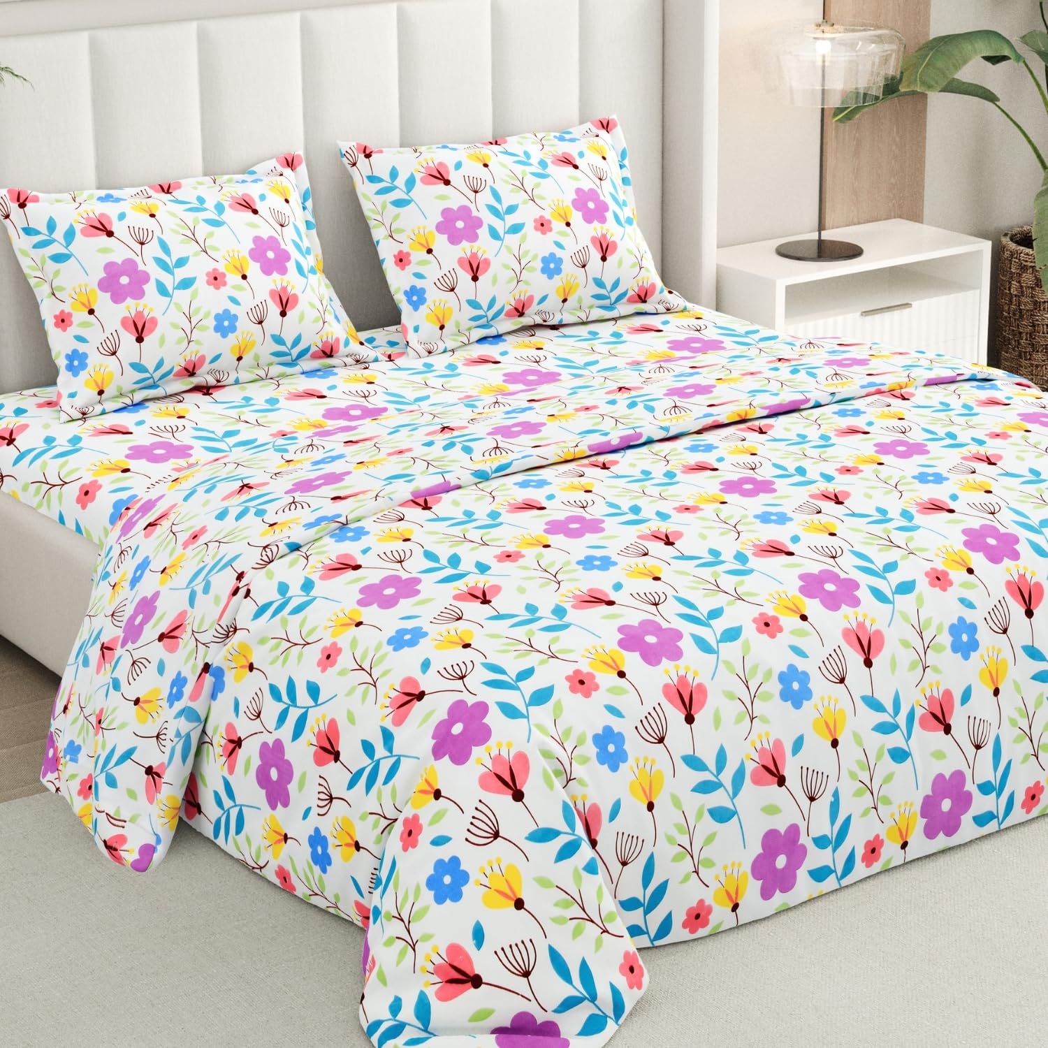 Rivermoor 200 TC Ultrasoft Bedsheet for Double Bed | Queen Size Bed Sheet with 2 Pillow Covers | White & Pink Floral | 88 x 96 Inches | Breathable & Hypoallergenic