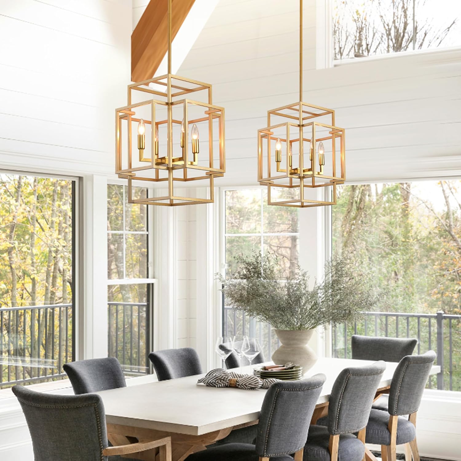 4-Light Gold Chandelier, Farmhouse Foyer Lighting Fixtures Industrial Ceiling Lantern Pendant Light, Hanging Pendant Lights Kitchen Island, for Entryway Kitchen Island Staircase Hallway